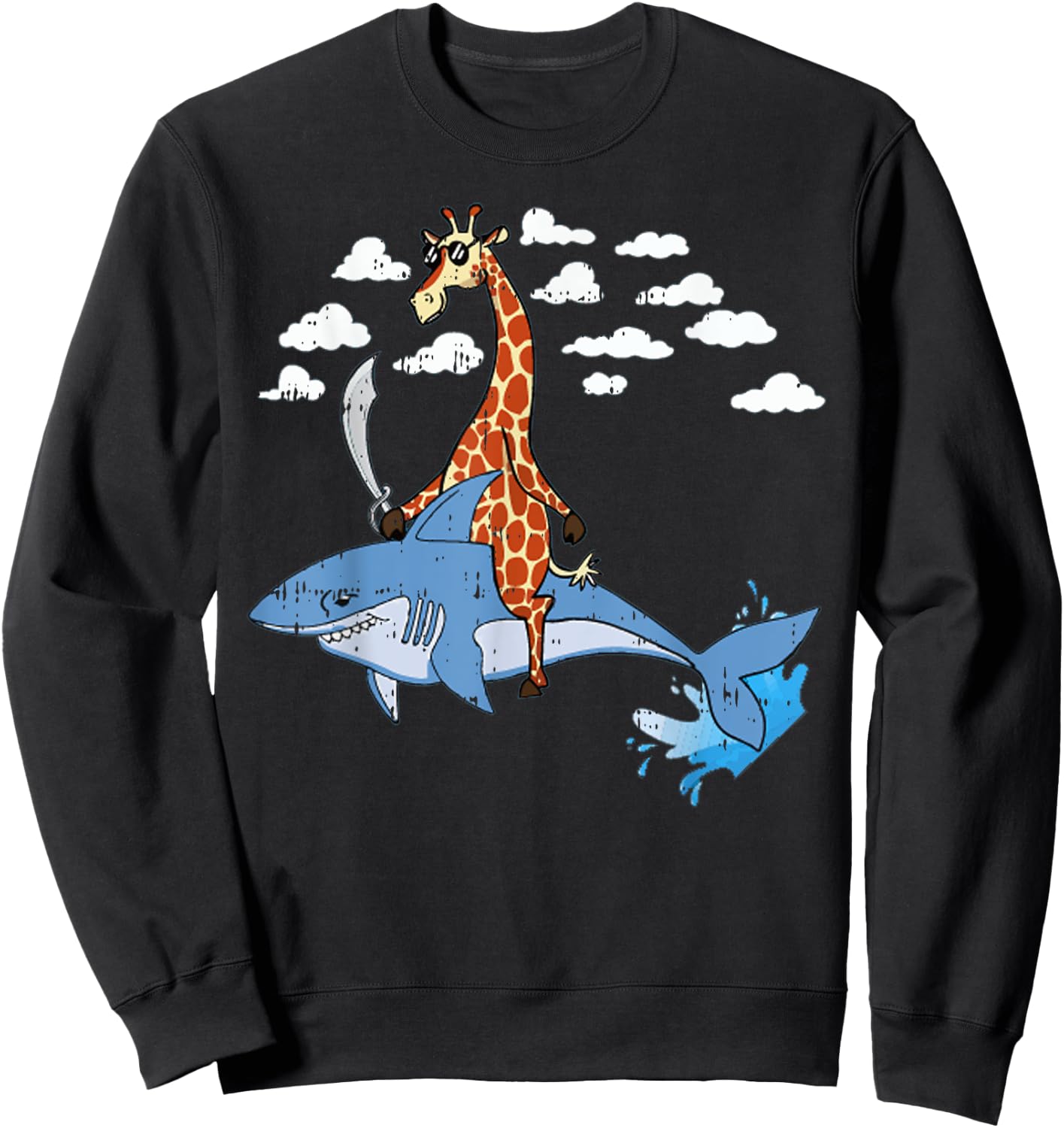 Giraffe Pirate Riding Shark Sword Cute Animal Halloween Gift Sweatshirt - Sweatshirt | Black