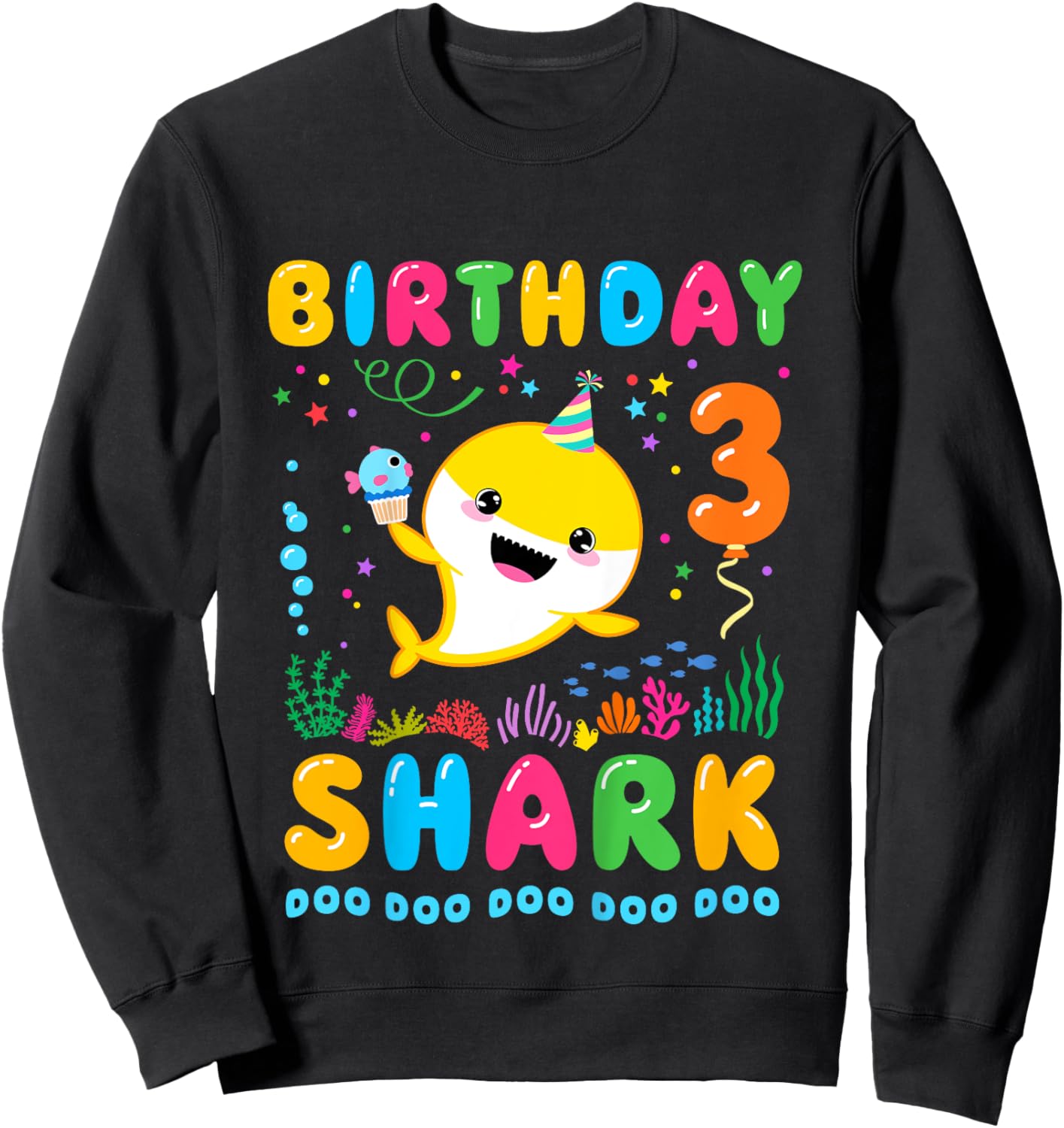 Birthday Shark 3 Year Old Boy or Girl 3rd Bday Kawaii Sweatshirt - Sweatshirt | Black