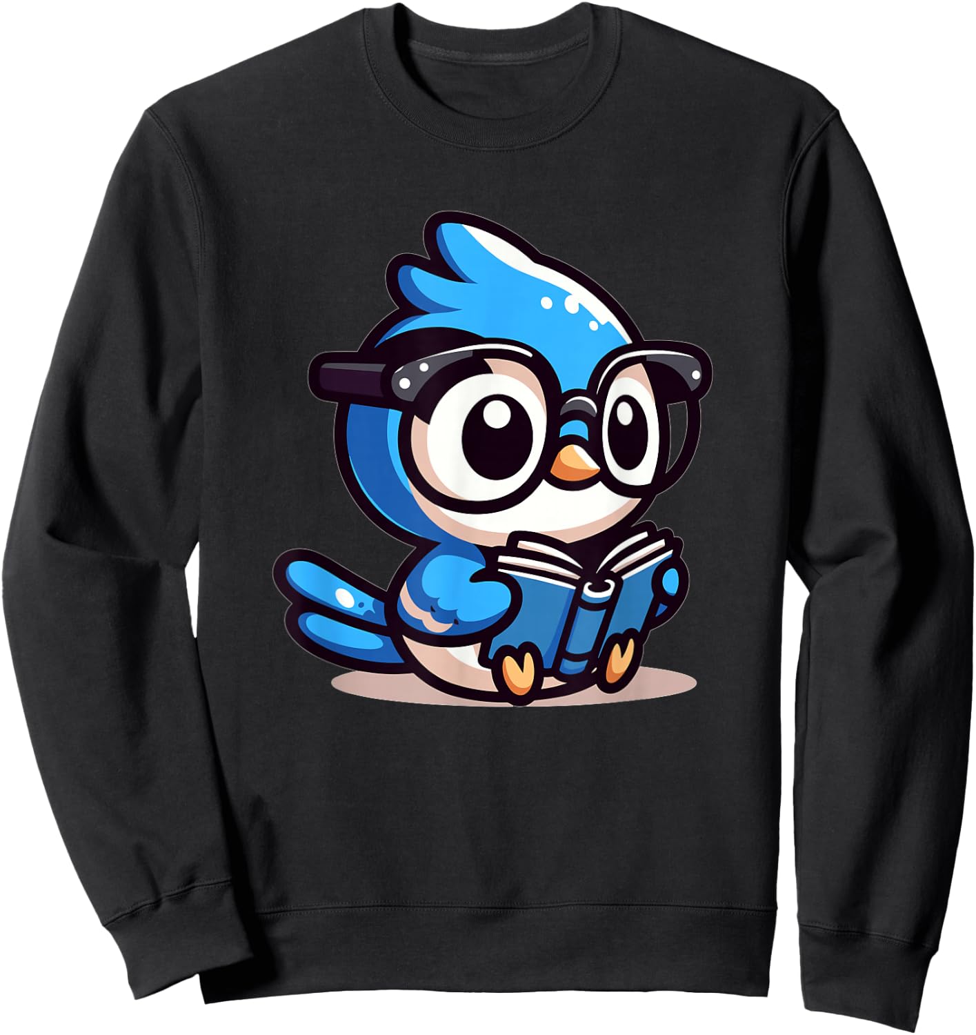 Adorable Book Lover Blue Jay With Reading Glasses Cute Sweatshirt - Sweatshirt | Black