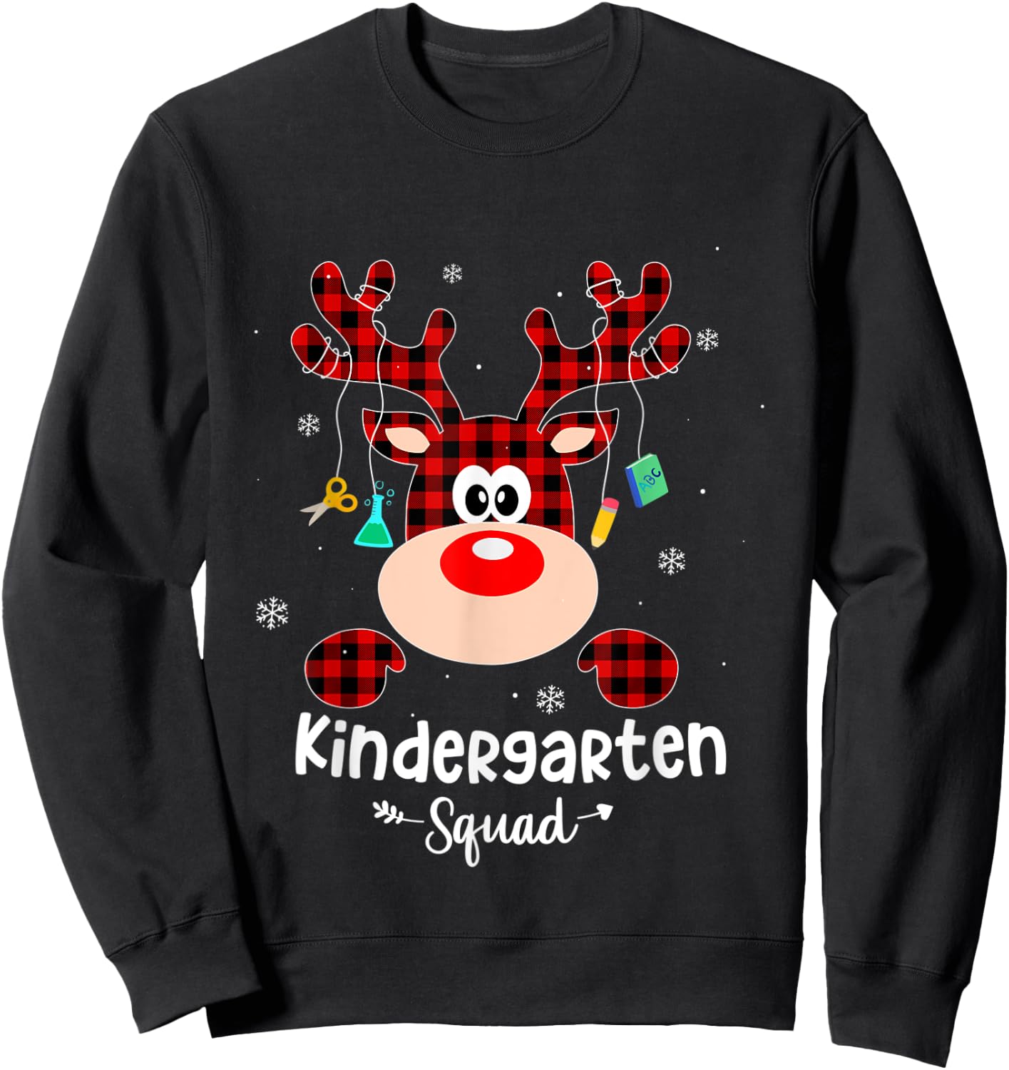 Kindergarten Squad Cute Red Plaid Reindeer Teacher Christmas Sweatshirt - Sweatshirt | Black