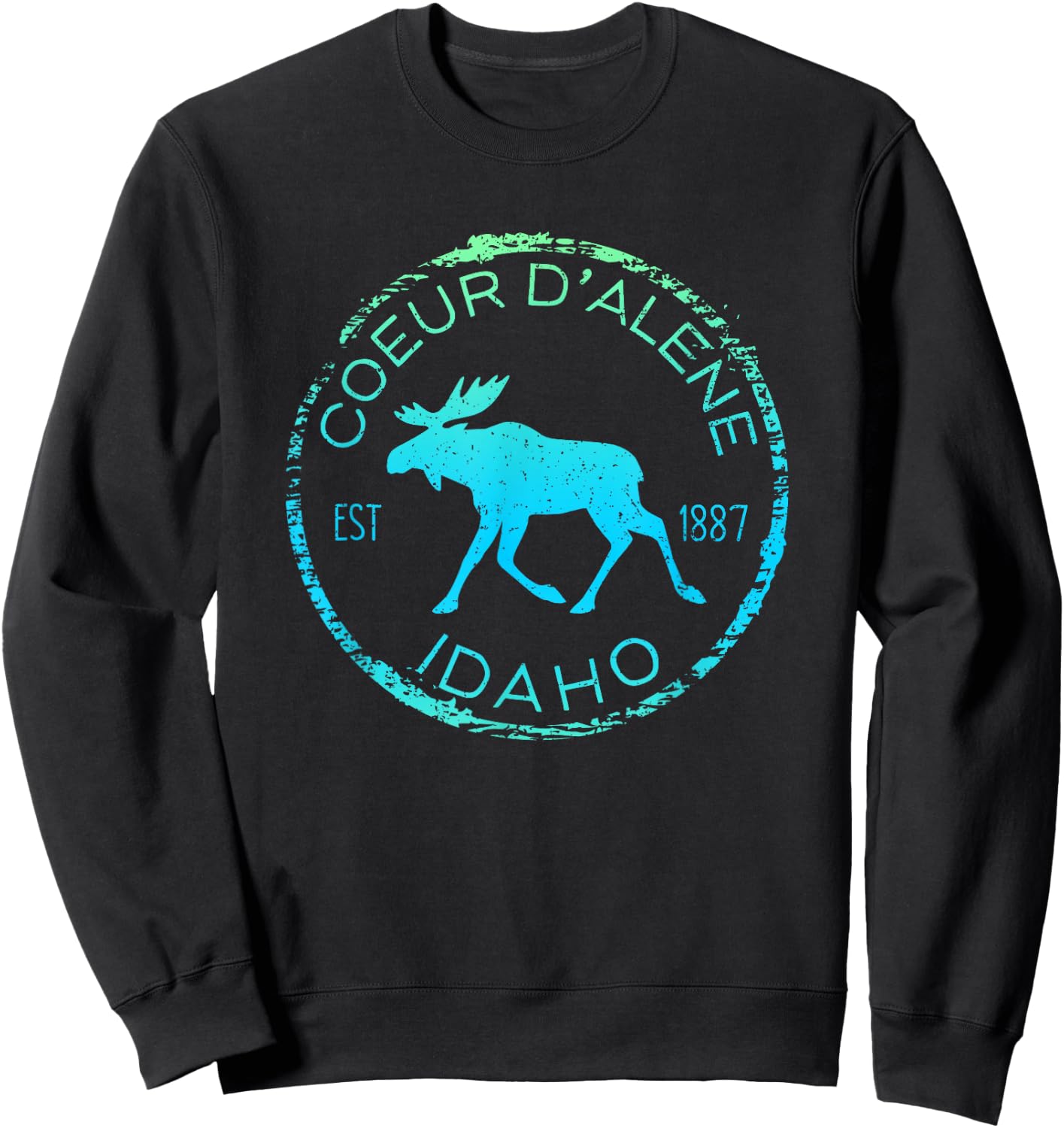 Coeur d'Alene Moose Design Weathered Idaho Souvenir Hiking Sweatshirt - Sweatshirt | Black