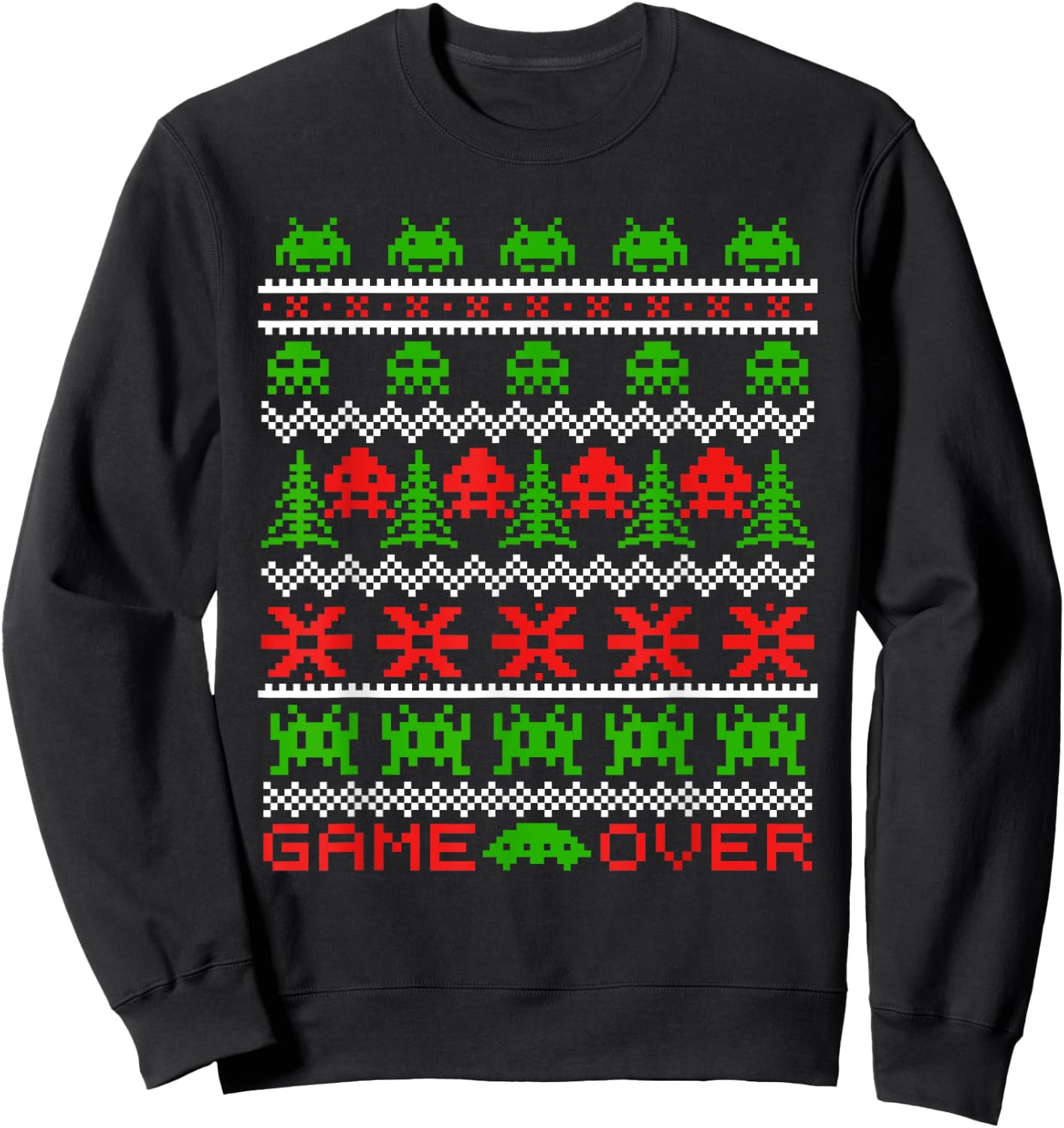 8-bit 80s Space Alien Invaders Ugly Christmas Gamers Sweater Sweatshirt - Sweatshirt | Black