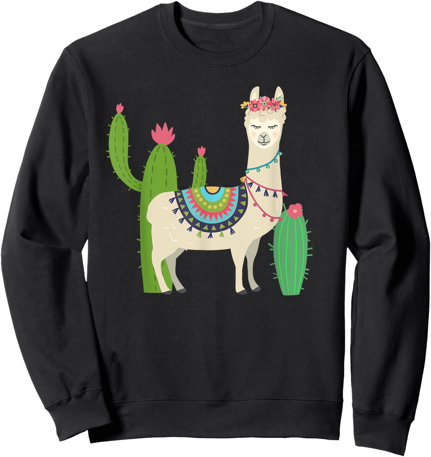 Cute Llama With Flower & Cactus / Llama Lover Gift Sweatshirt - Sweatshirt | Black