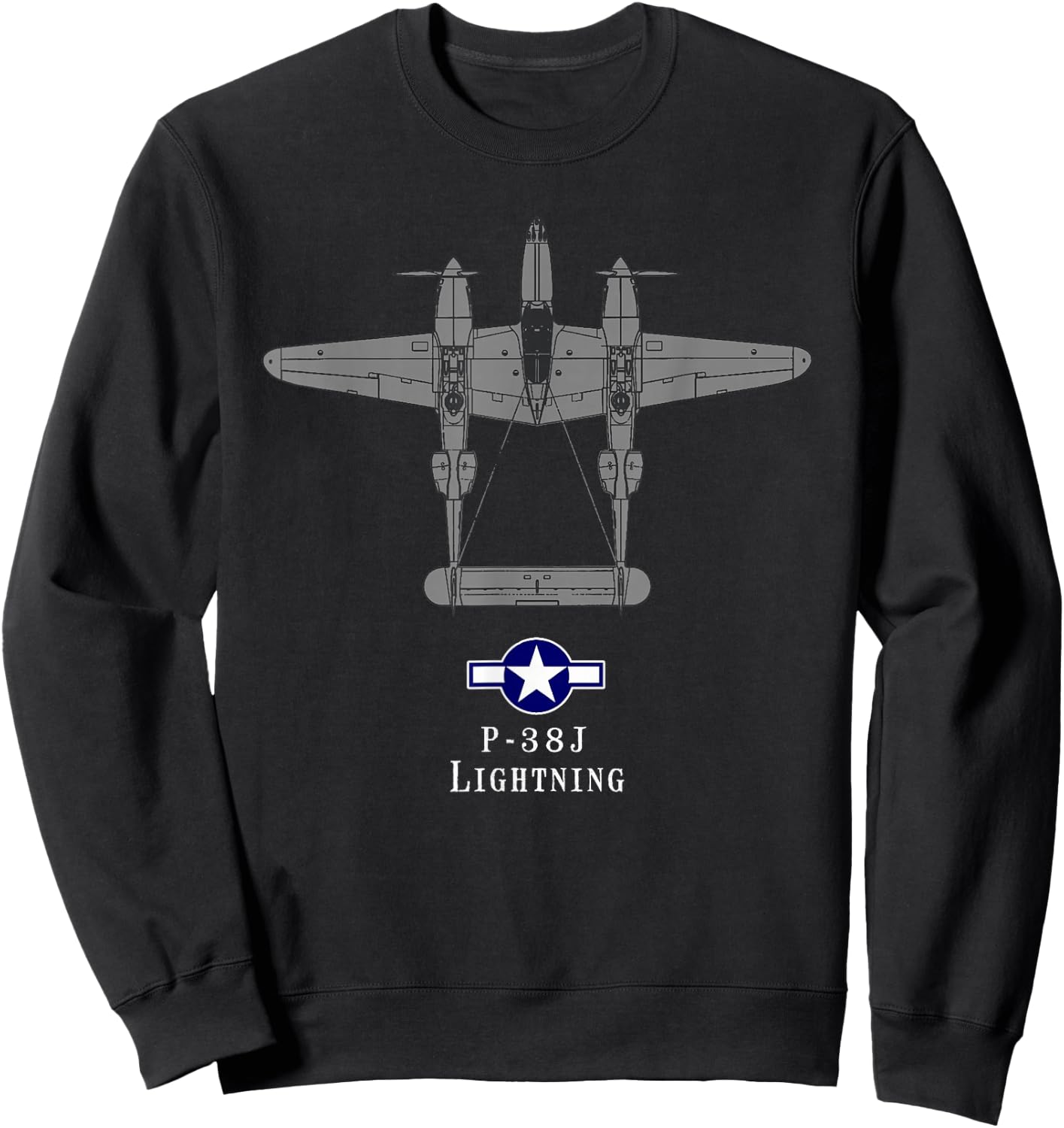 P-38 Lightning Tech Drawing WWII Fighter Airplane Sweatshirt - Sweatshirt | Black