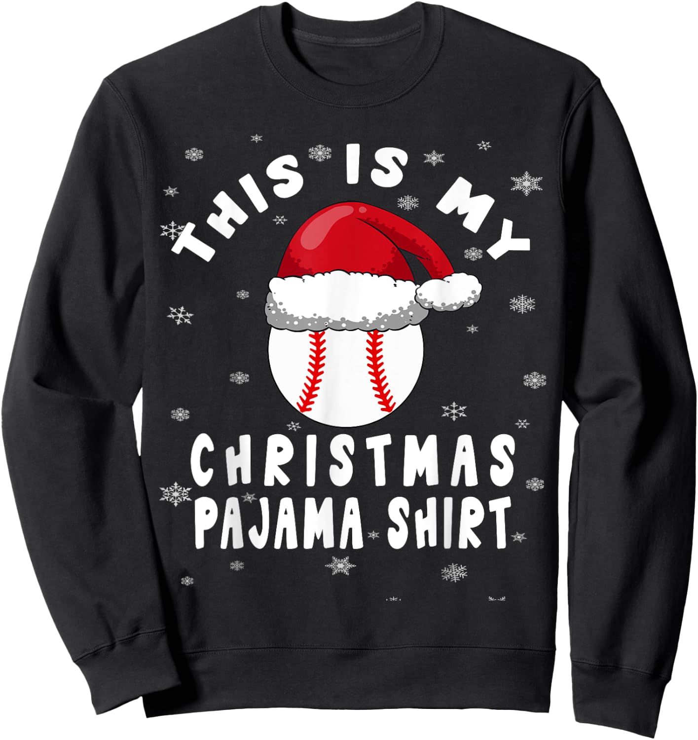 Baseball Christmas Pajama Shirt Santa Hat Snowflakes Sweatshirt - Sweatshirt | Black