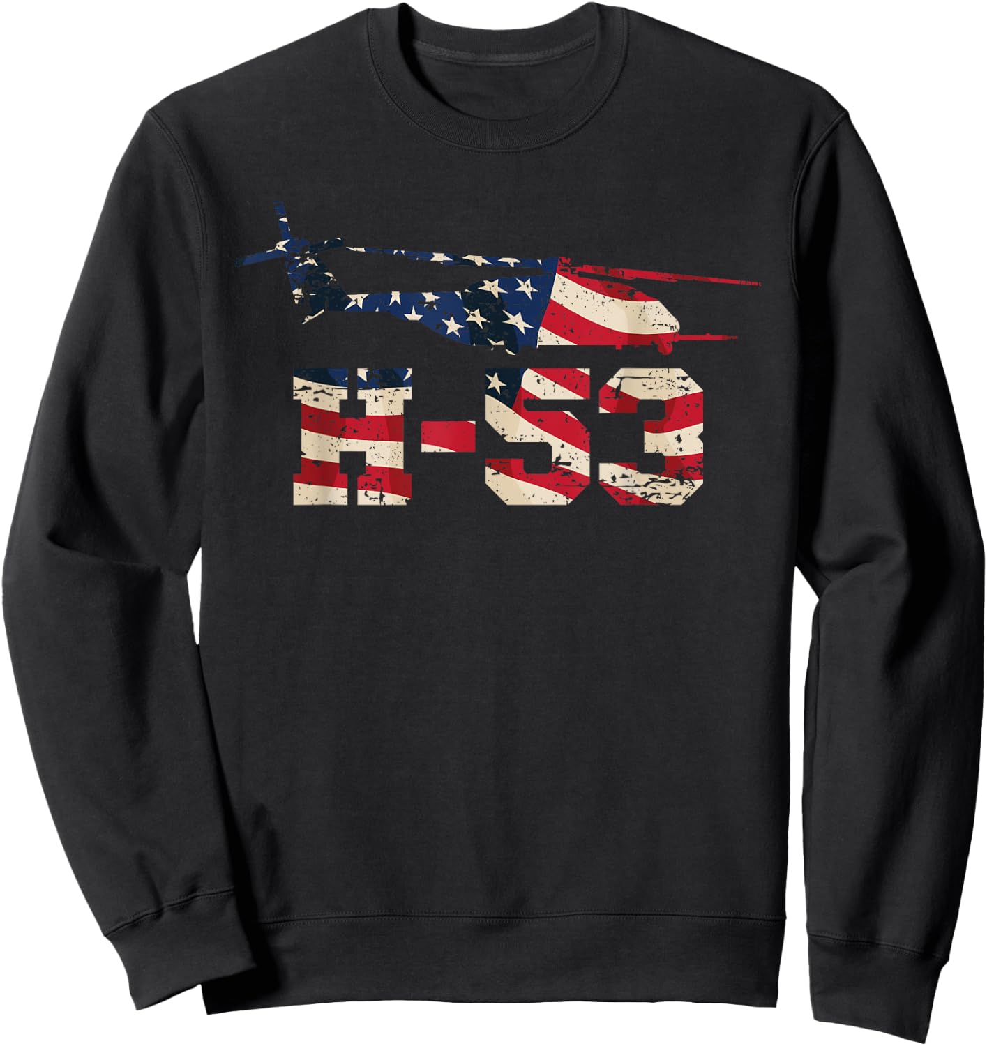 American H-53 Helicopter with USA Flag Overlay Distressed Sweatshirt - Sweatshirt | Black