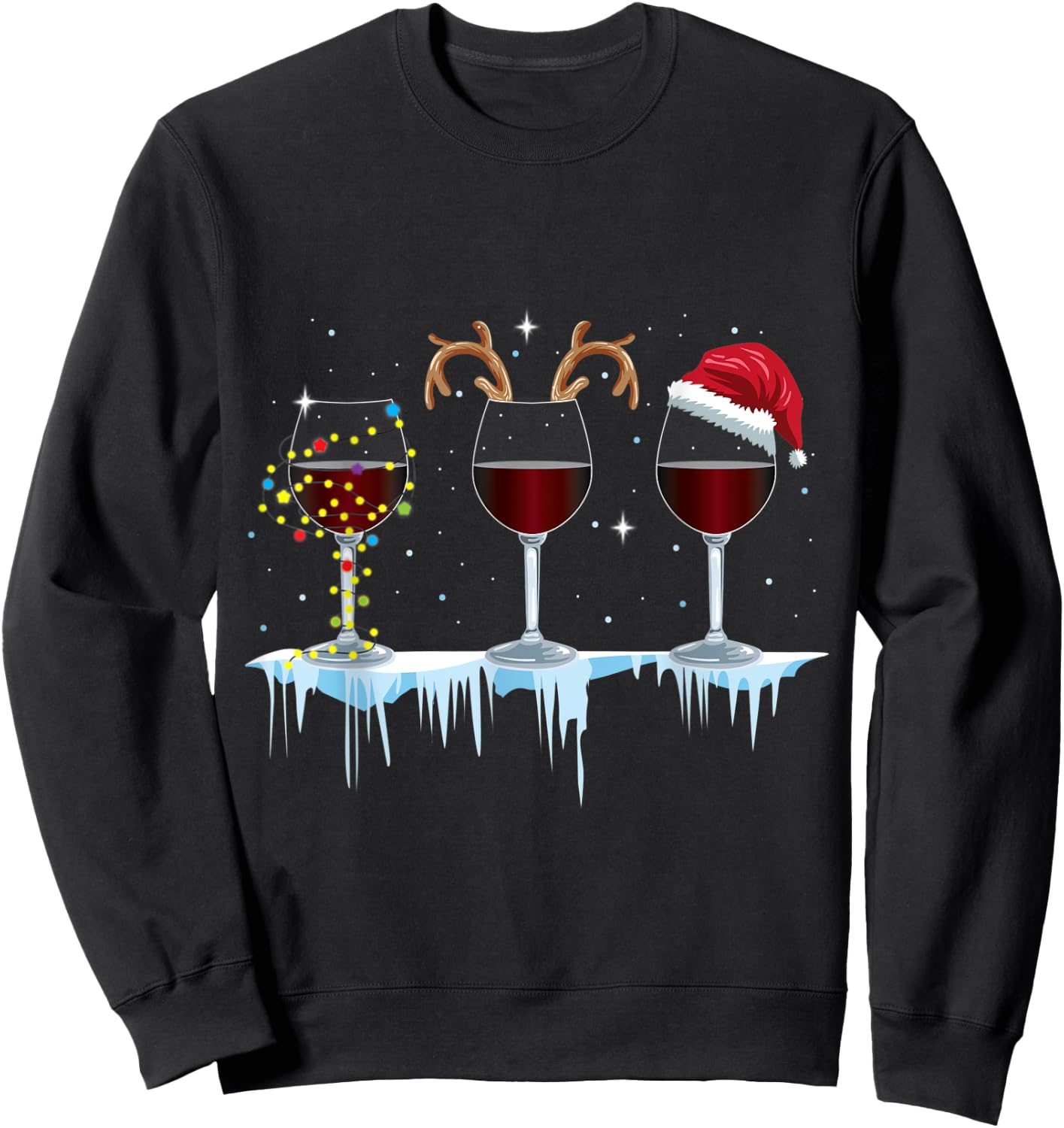 Wine Glasses with Reindeer and Santa and Christmas Lights Sweatshirt - Sweatshirt | Black