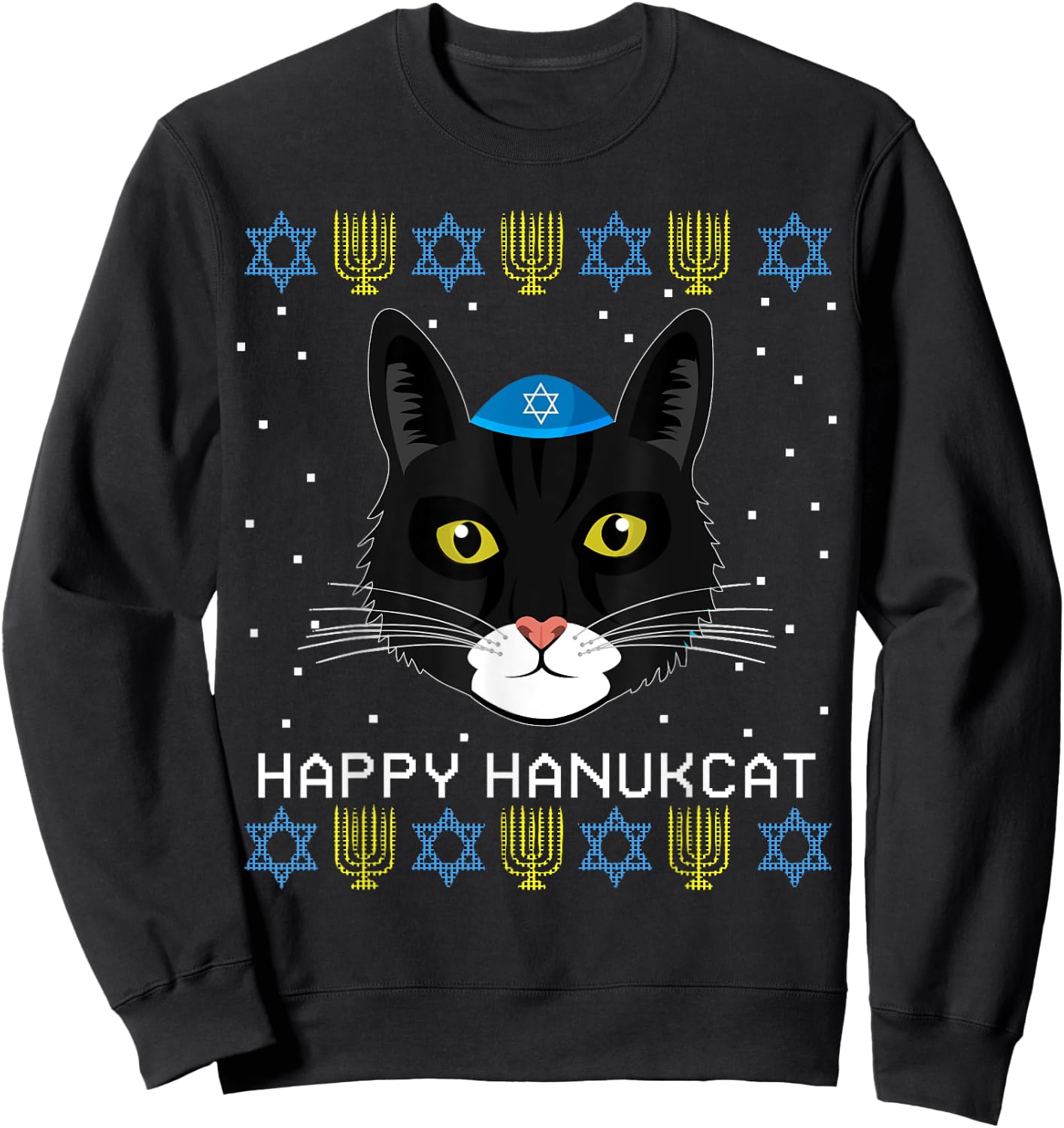 Happy Hanukcat Ugly Hanukkah Sweater Cat Chanukah Jewish Women Sweatshirt - Sweatshirt | Black