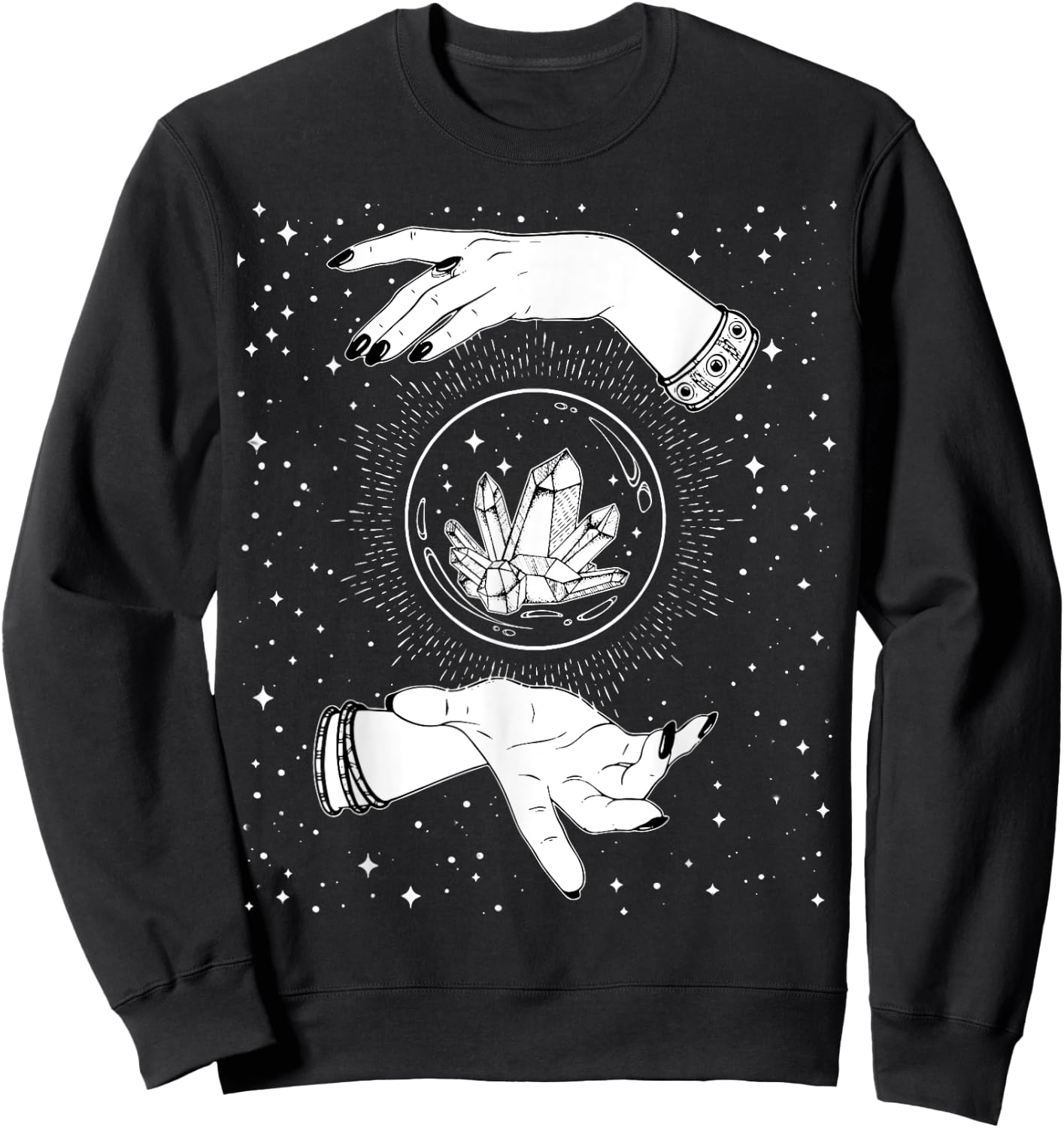 Retro Vintage Witchy Crystal Ball Witch Hands & Stars Black Sweatshirt - Sweatshirt | Black