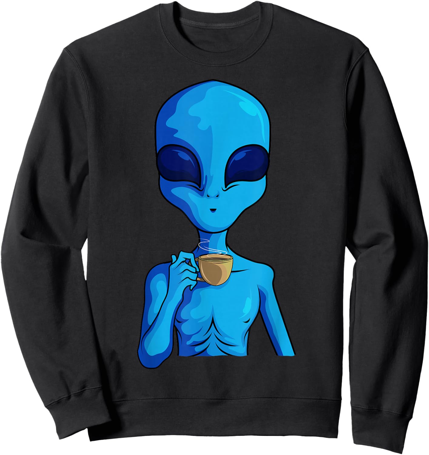 Funny Coffee Drinking Extraterrestrial Space Blue Alien Sweatshirt - Sweatshirt | Black