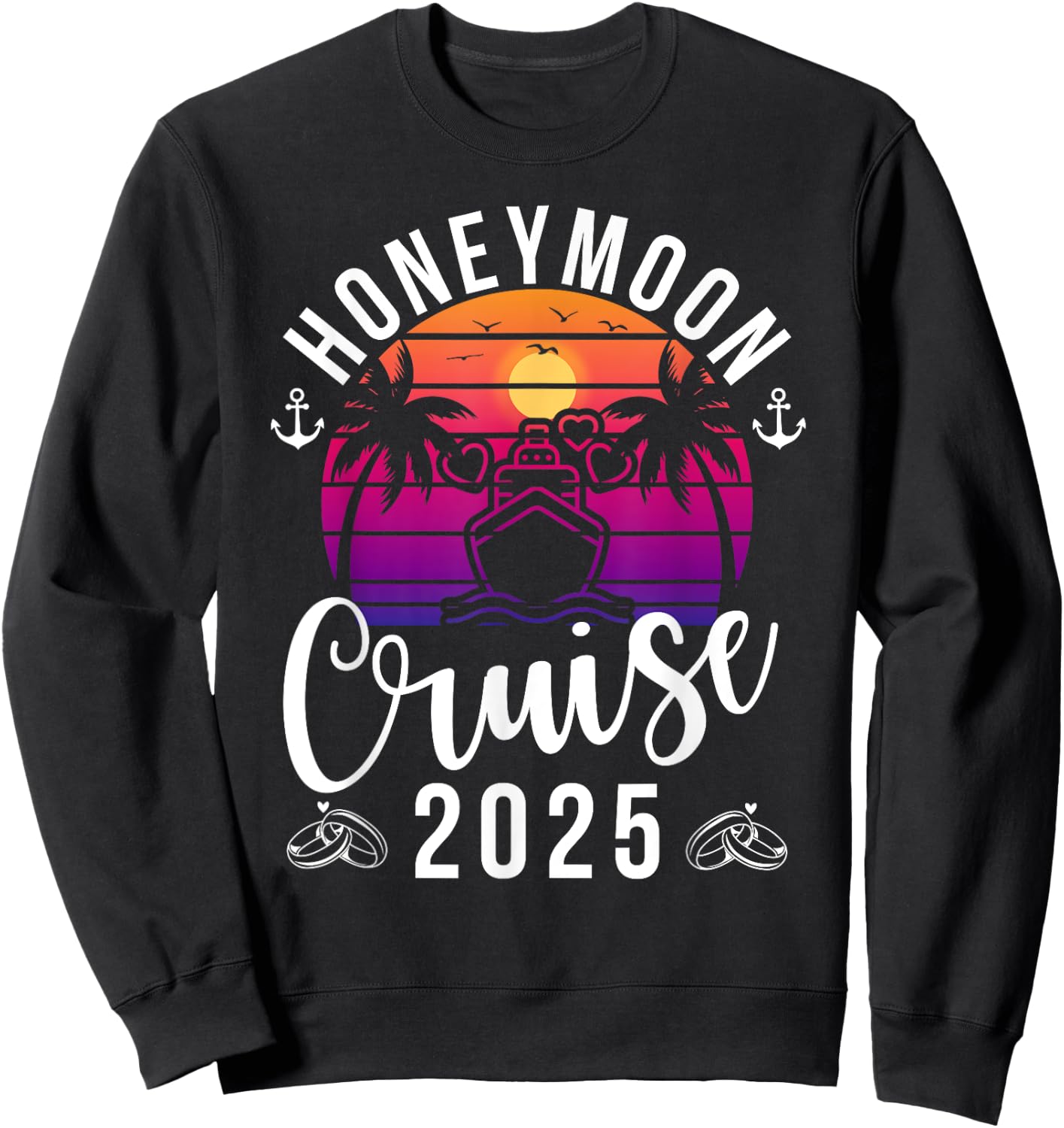 Honeymoon Cruise 2025 , Adult, Short Sleeve, Black, X-Small, , Tropical, Retro, Honeymoon, Couples, Anniversary, Travelers Sweatshirt - Sweatshirt | Black