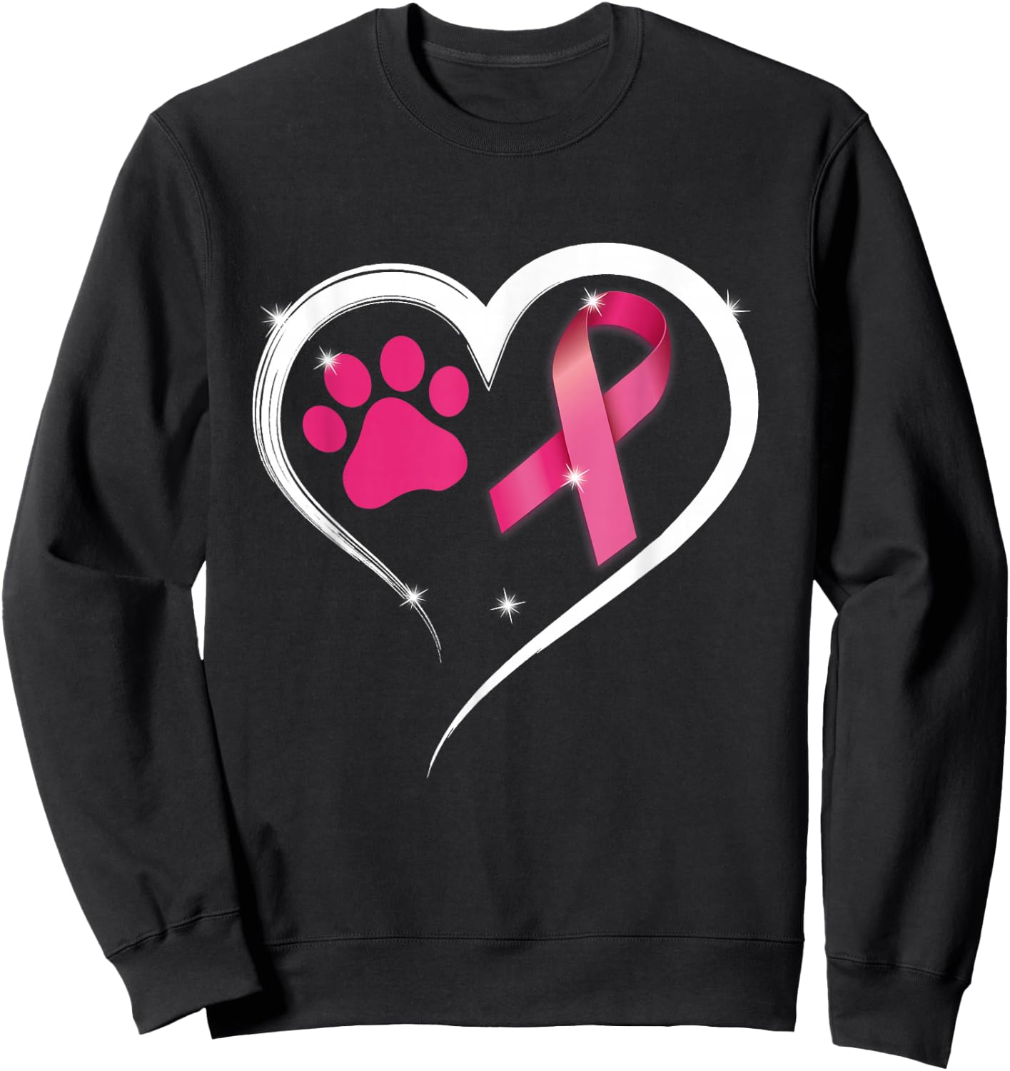 Heart Dog Paw Print Pink Ribbon Breast Cancer Awareness Sweatshirt - Sweatshirt | Black