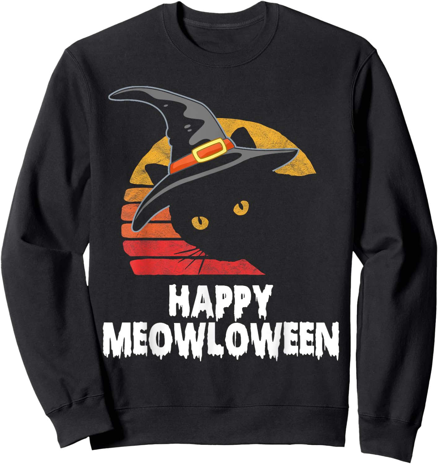 Happy Meowloween! Funny Cat Witch's Hat Halloween 80s Sunset Sweatshirt - Sweatshirt | Black
