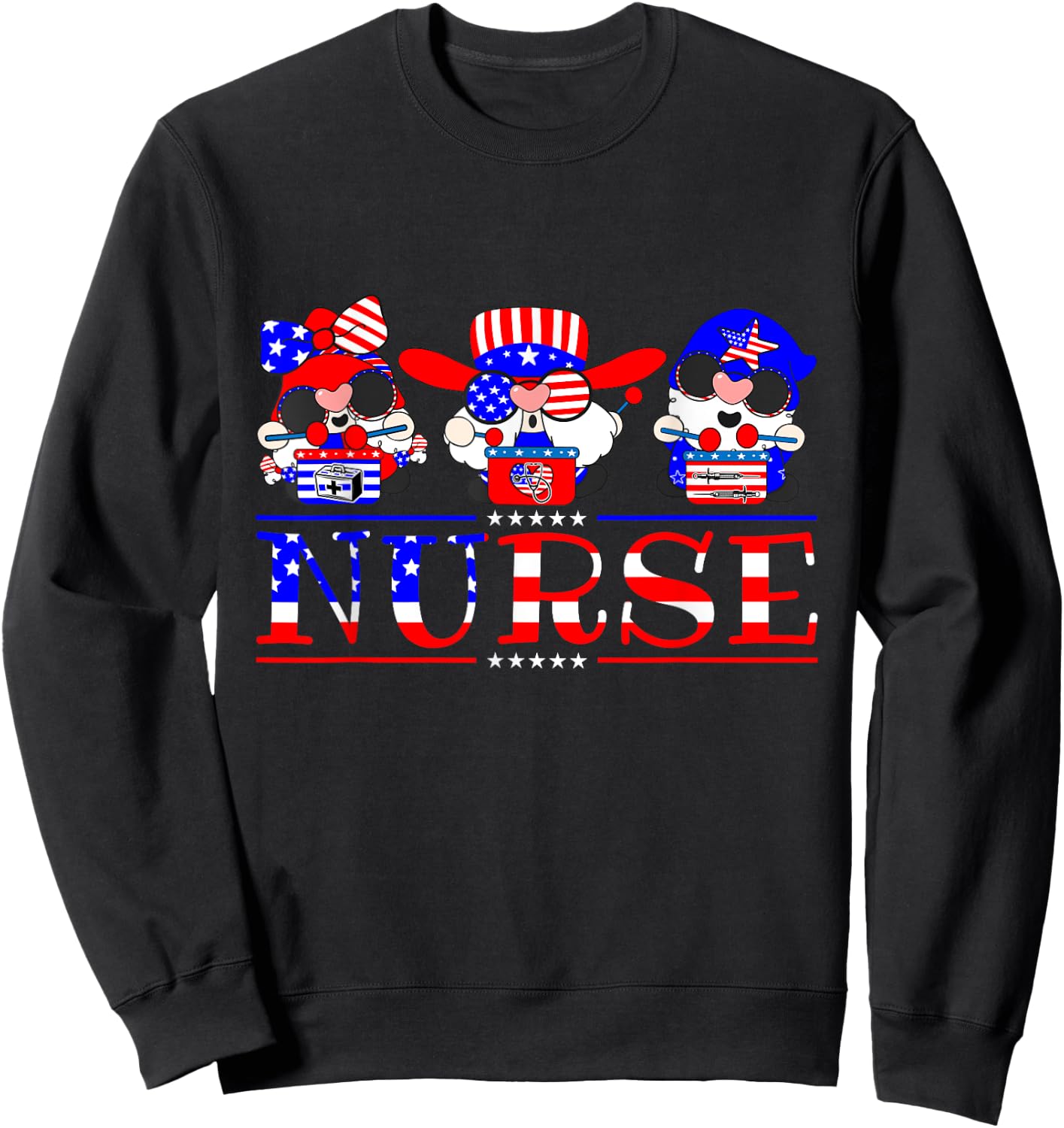 Nurse Gnomies 4th Of July Cute Gnome Nursing RN Memorial Day Sweatshirt - Sweatshirt | Black