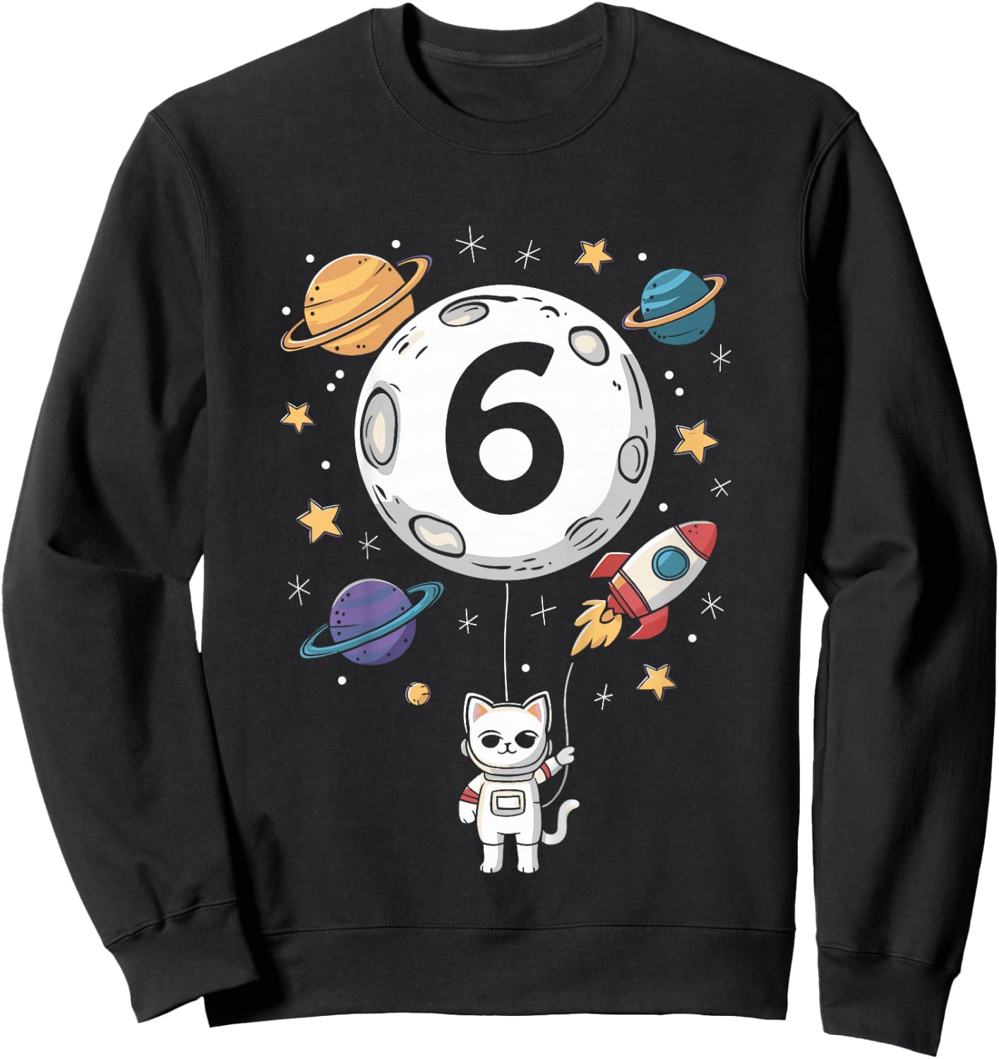 Kids 6 Year Old Birthday Cat Astronaut 6th Birthday Sweatshirt - Sweatshirt | Black