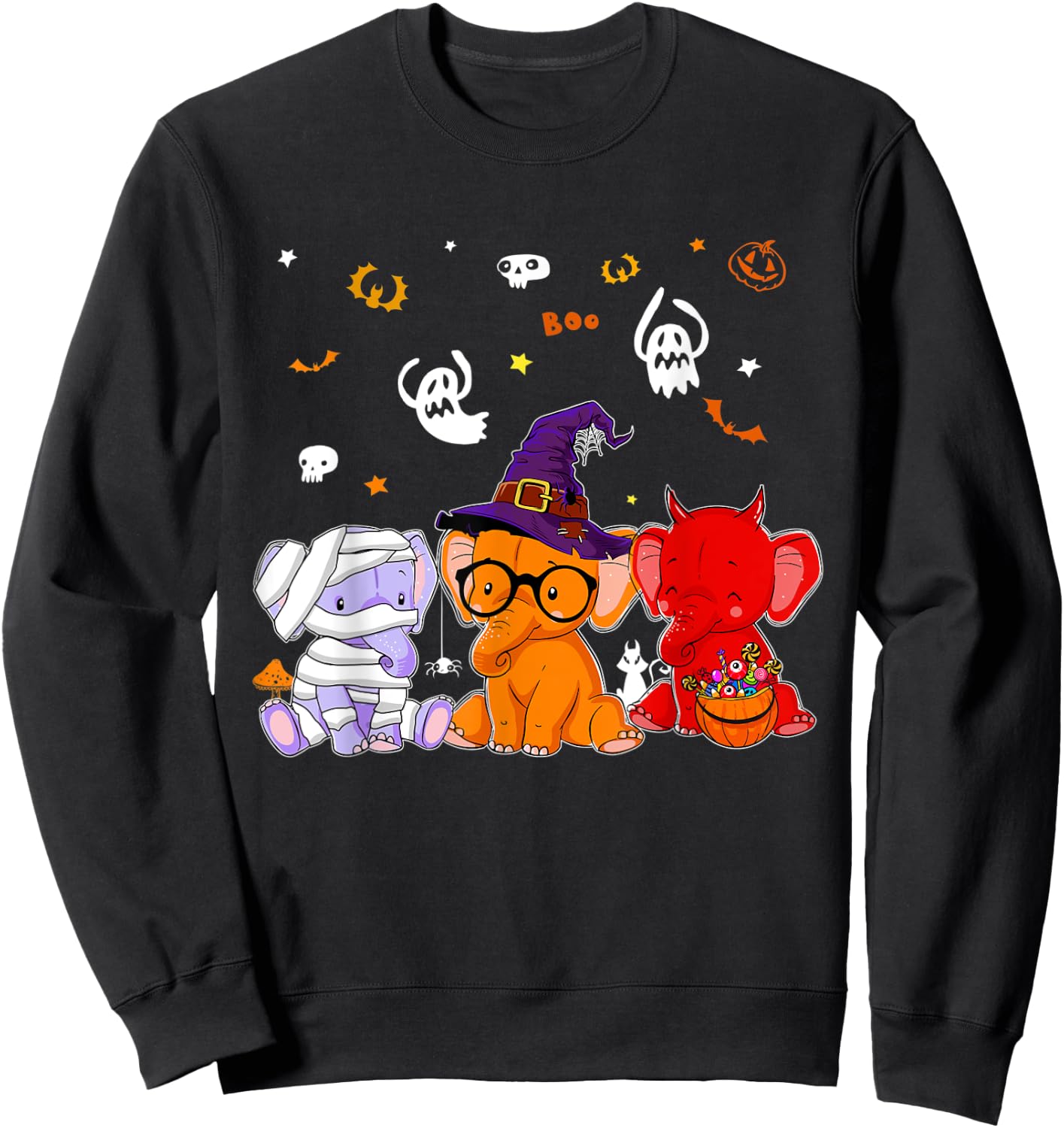 Cute Elephants In Mummy Wicked Witches Devil Halloween Sweatshirt - Sweatshirt | Black
