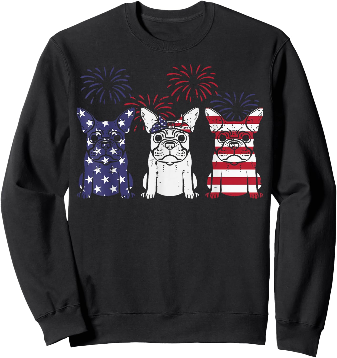 3 US Flag French Bulldogs 4th Of July Patriotic Frenchie Dog Sweatshirt - Sweatshirt | Black