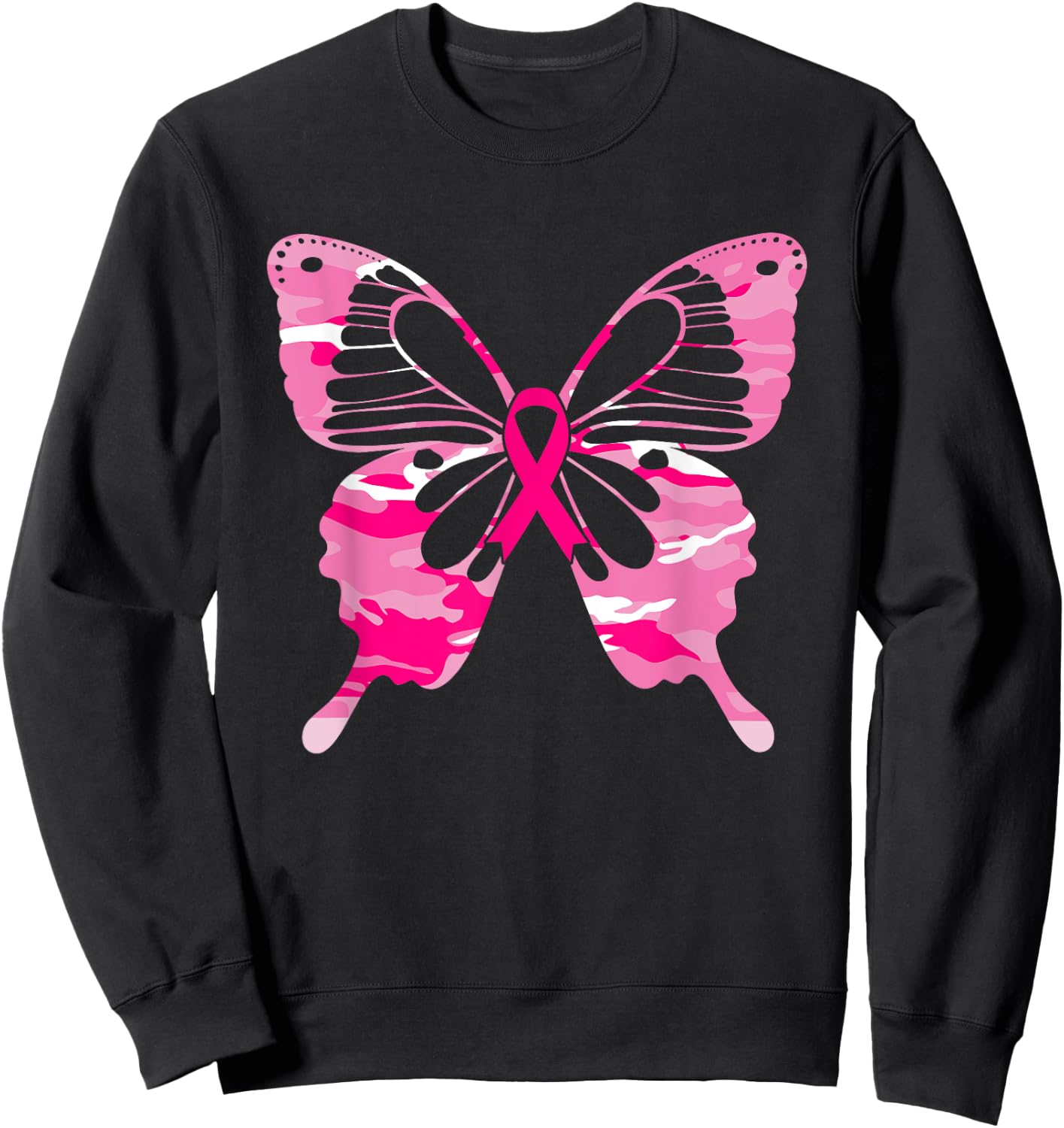 Camouflage Butterfly Pink Ribbon Breast Cancer Awareness Sweatshirt - Sweatshirt | Black