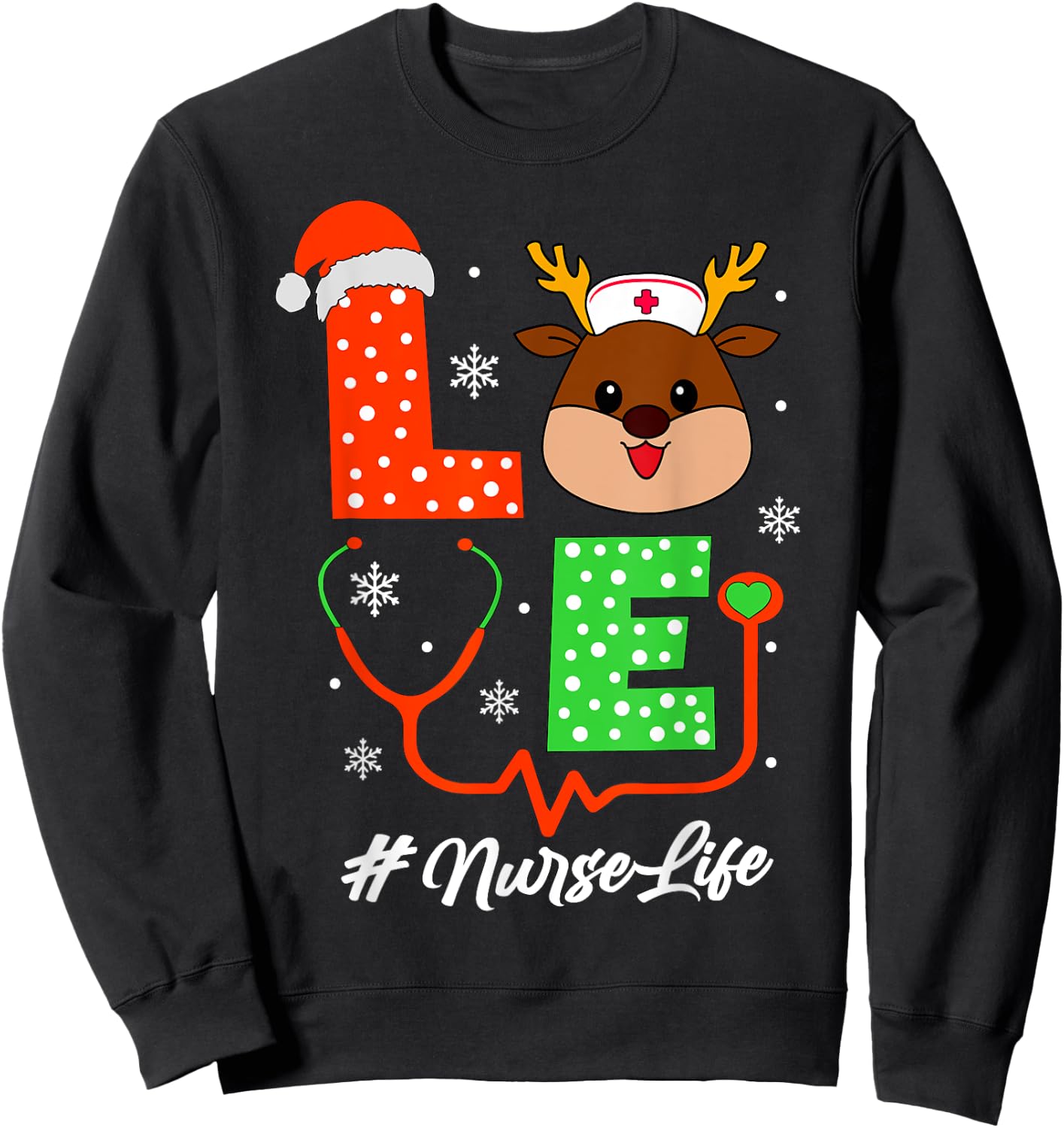 Christmas Nurse Scrub Tops Love Reindeer Nurse Sweatshirt - Sweatshirt | Black