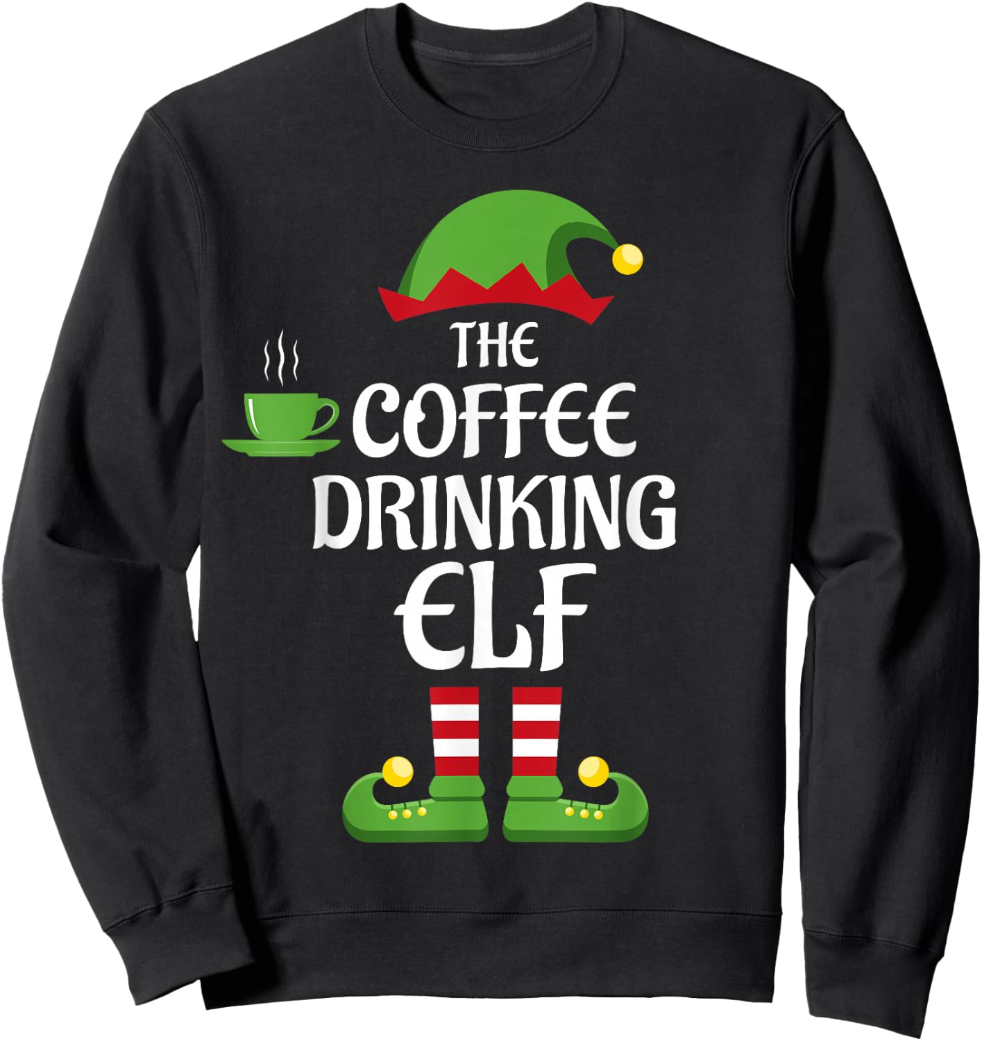 Coffee Drinking Elf Family Matching Group Christmas Sweatshirt - Sweatshirt | Black
