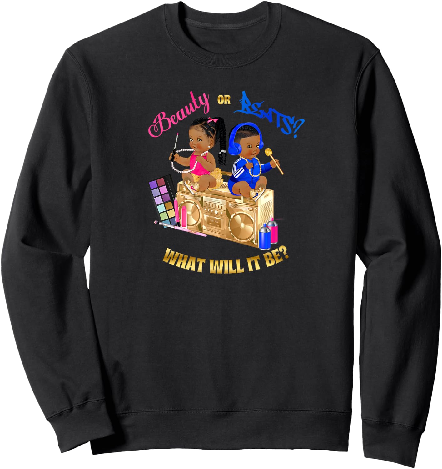 Beauty or Beats Baby Gender Reveal Royal Blue Hot Pink Gold Sweatshirt - Sweatshirt | Black