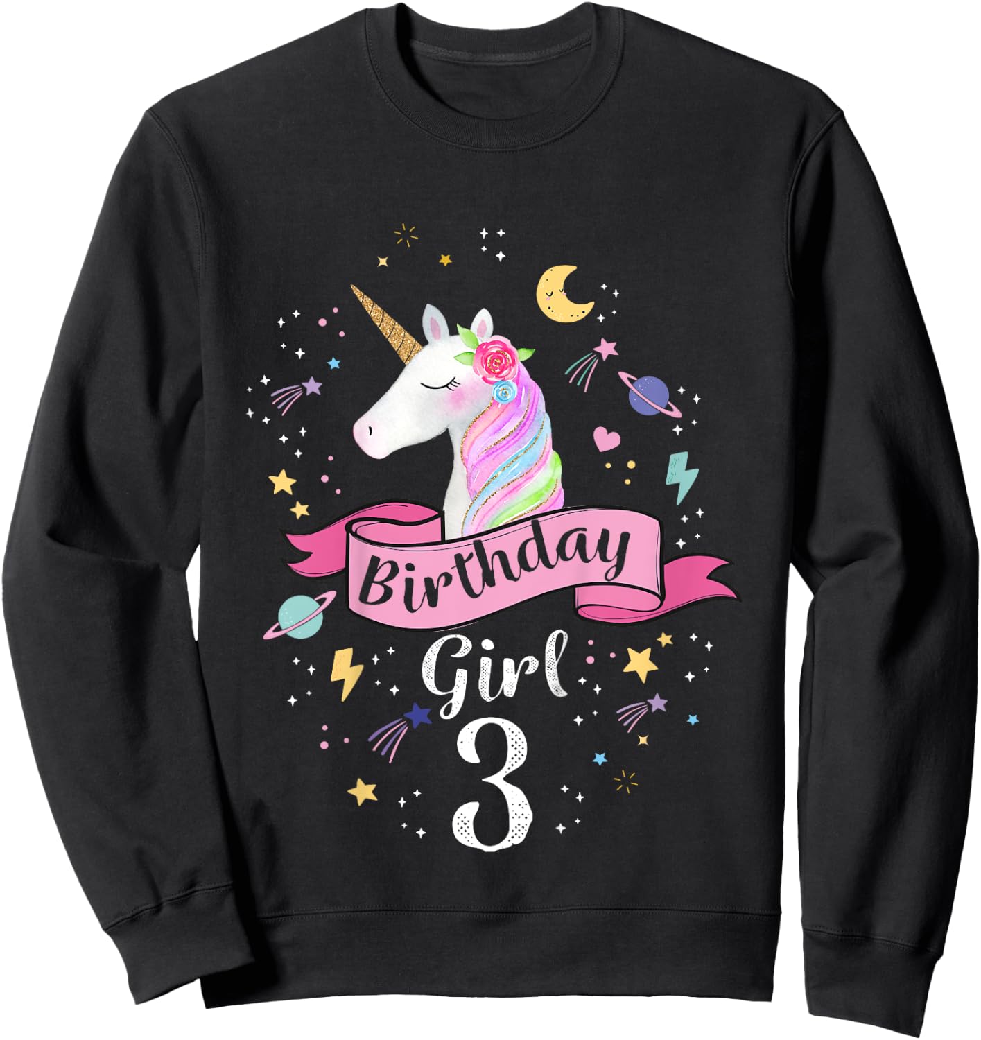 3 Year Old Girl Birthday Unicorn Shirt 3rd Birthday Sweatshirt - Sweatshirt | Black