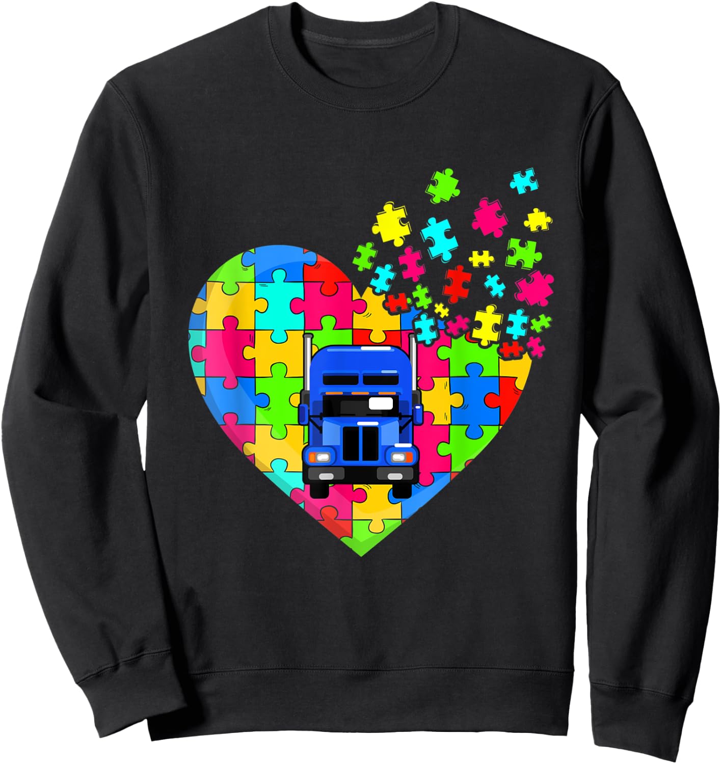 Trucker Heart Puzzle Pieces Support Autism Awareness Sweatshirt - Sweatshirt | Black