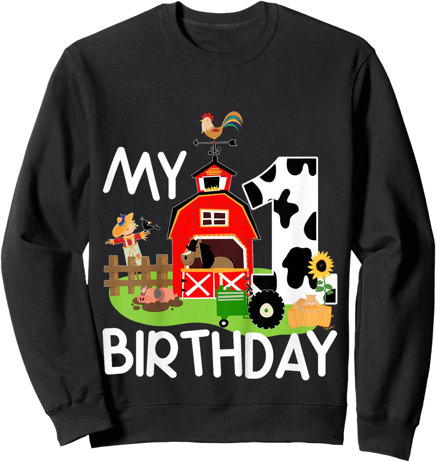 1st Birthday Shirt Farm Tractor Pig Horse Cow Chicken Cat for Kids Sweatshirt - Sweatshirt | Black
