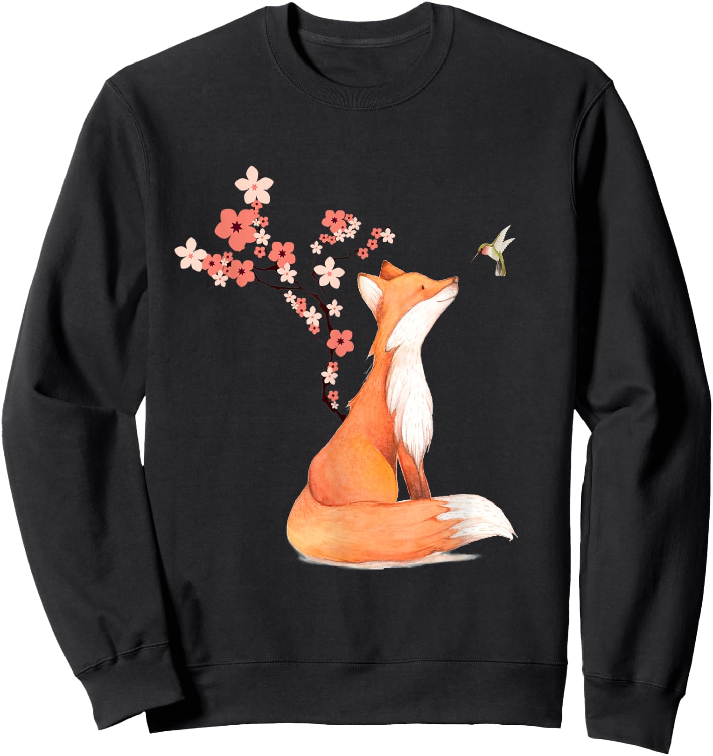 The Cute Fox And Hummingbird Cherry Blossom Flower Present Sweatshirt - Sweatshirt | Black
