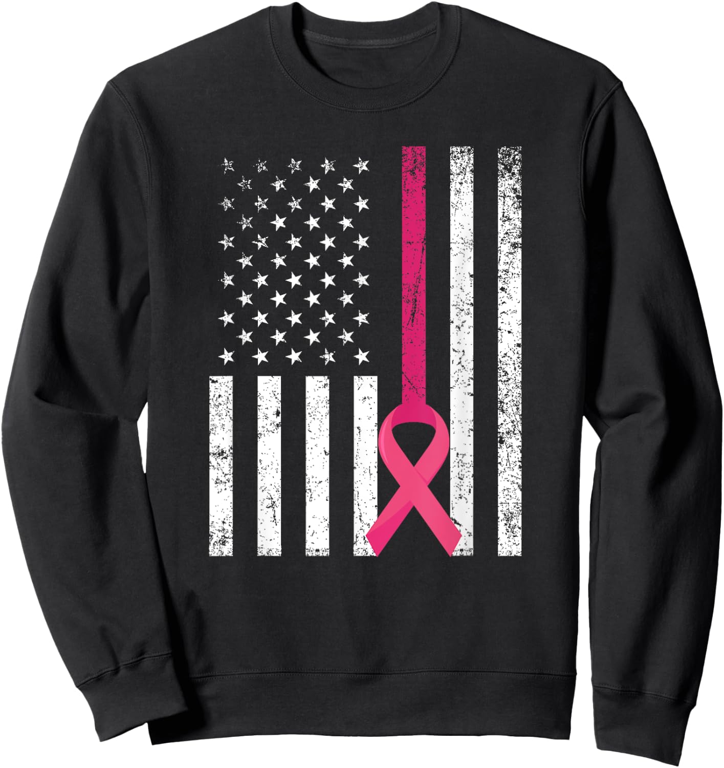Breast Cancer Awareness Support Pink Ribbon American Flag Sweatshirt - Sweatshirt | Black