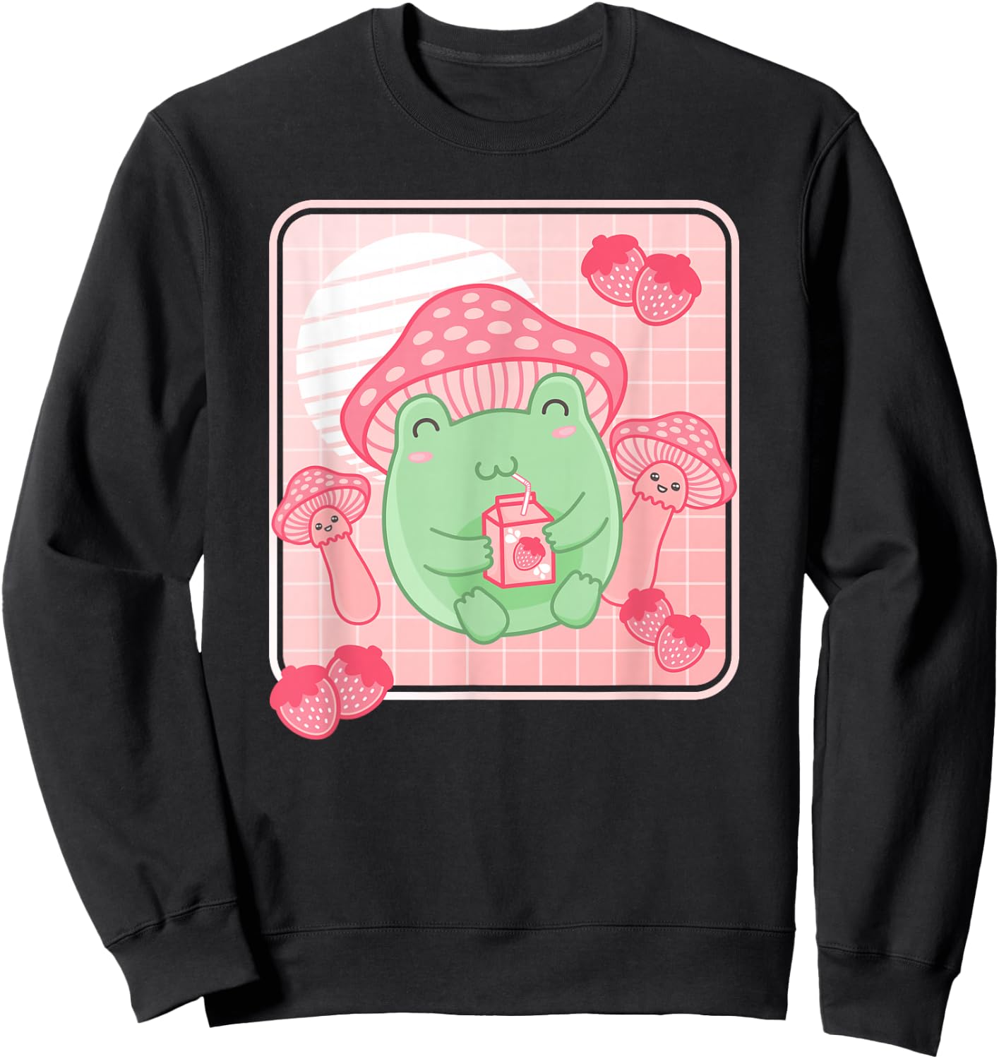 Kawaii Frog Pink Strawberry Milk Mushroom Women Girls Sweatshirt - Sweatshirt | Black