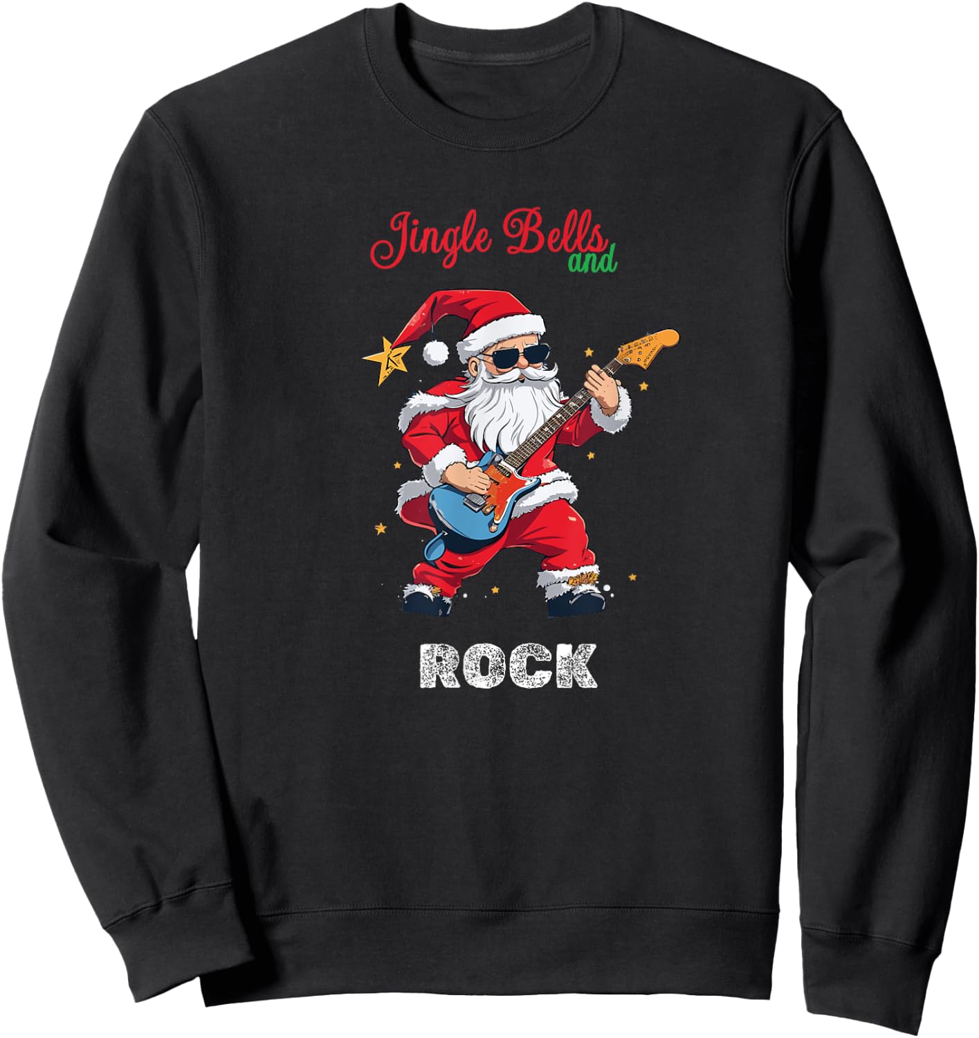 Jingle Bell and Rock Christmas Santa Rolling Playing Guitar Sweatshirt - Sweatshirt | Black