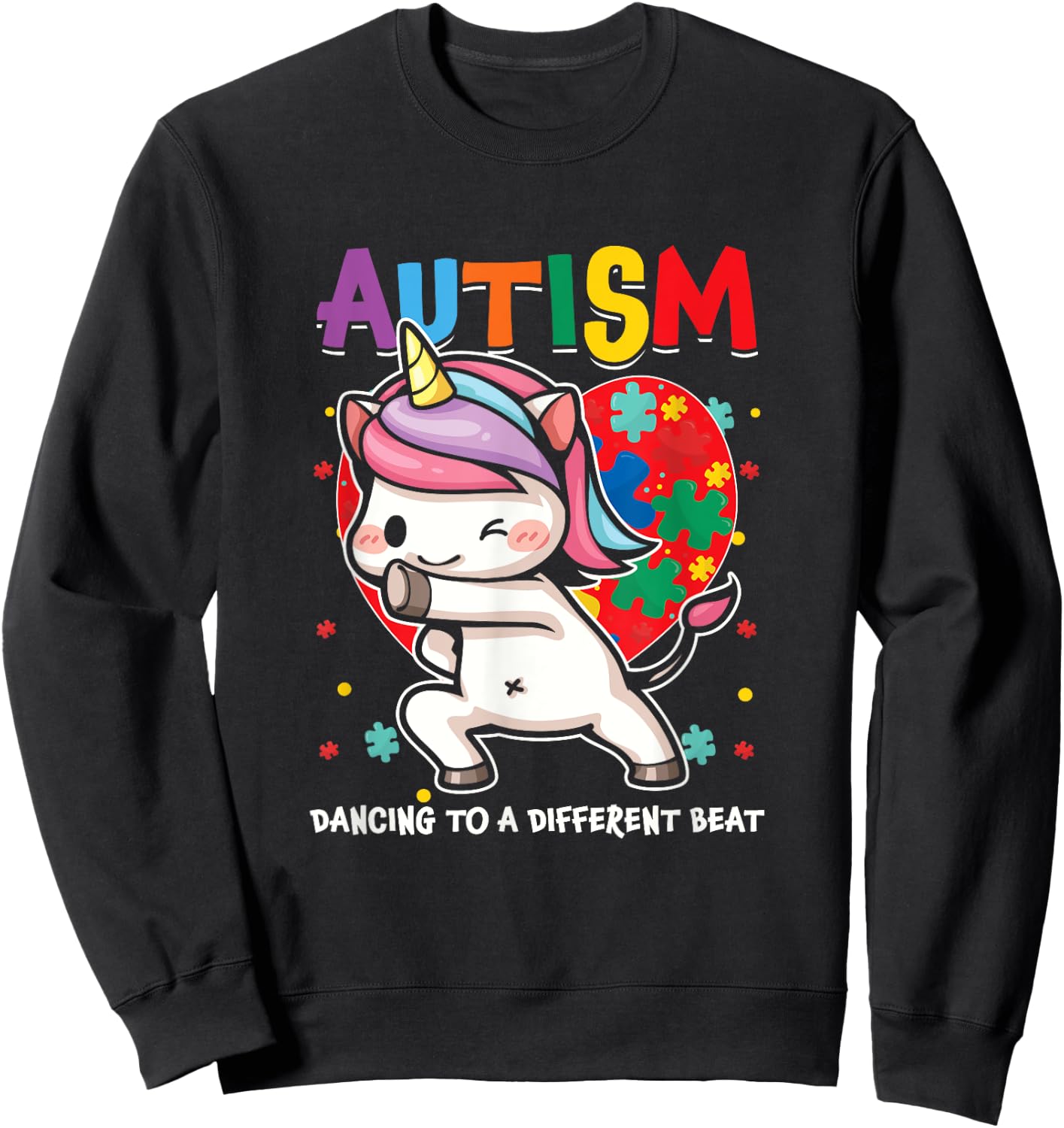 Autistic Unicorn Autism Awareness Heart Ribbon Puzzle Health Sweatshirt - Sweatshirt | Black