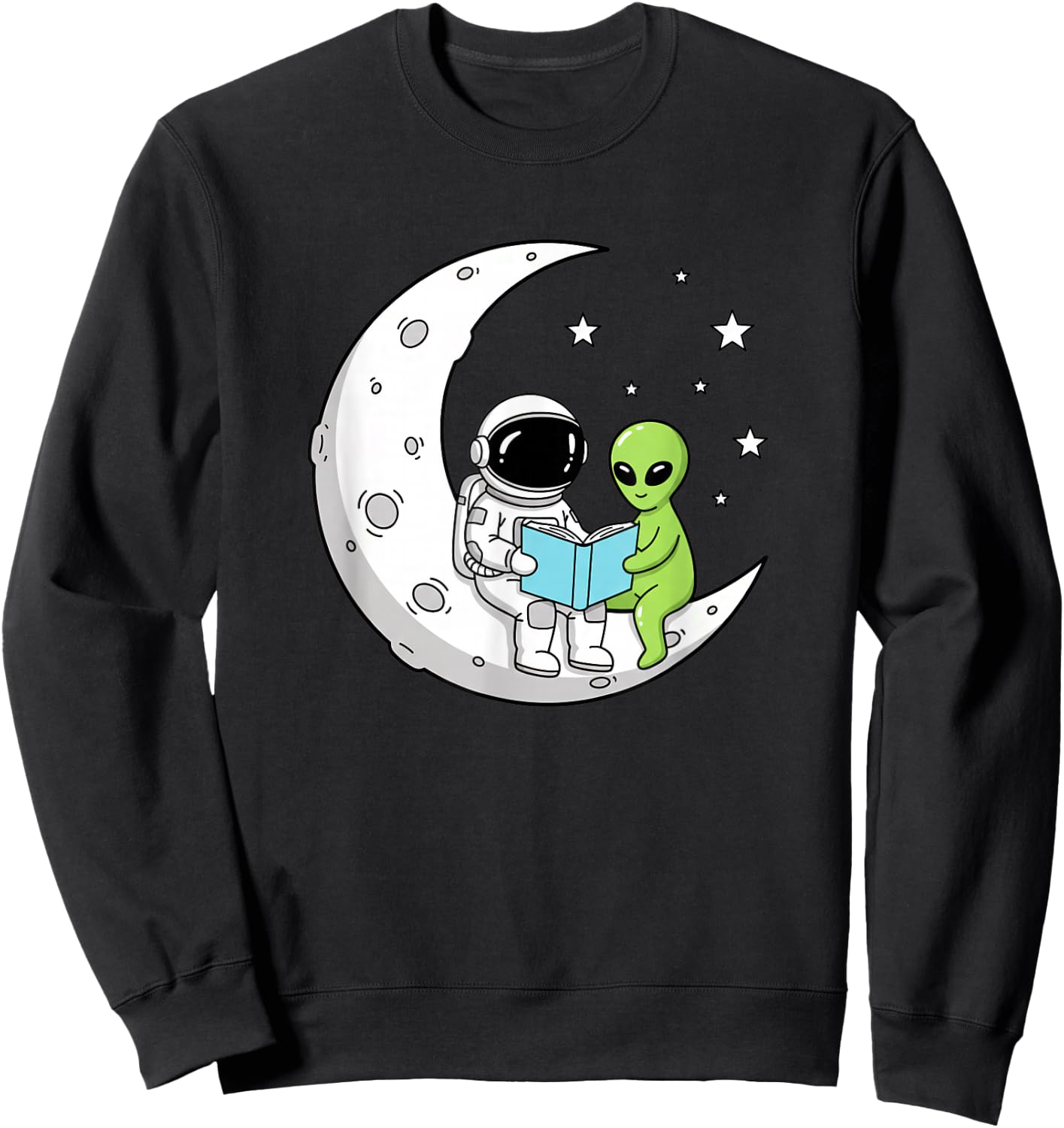 Astronaut and Alien Reading On Moon Space Book Lover Sci Fi Sweatshirt - Sweatshirt | Black