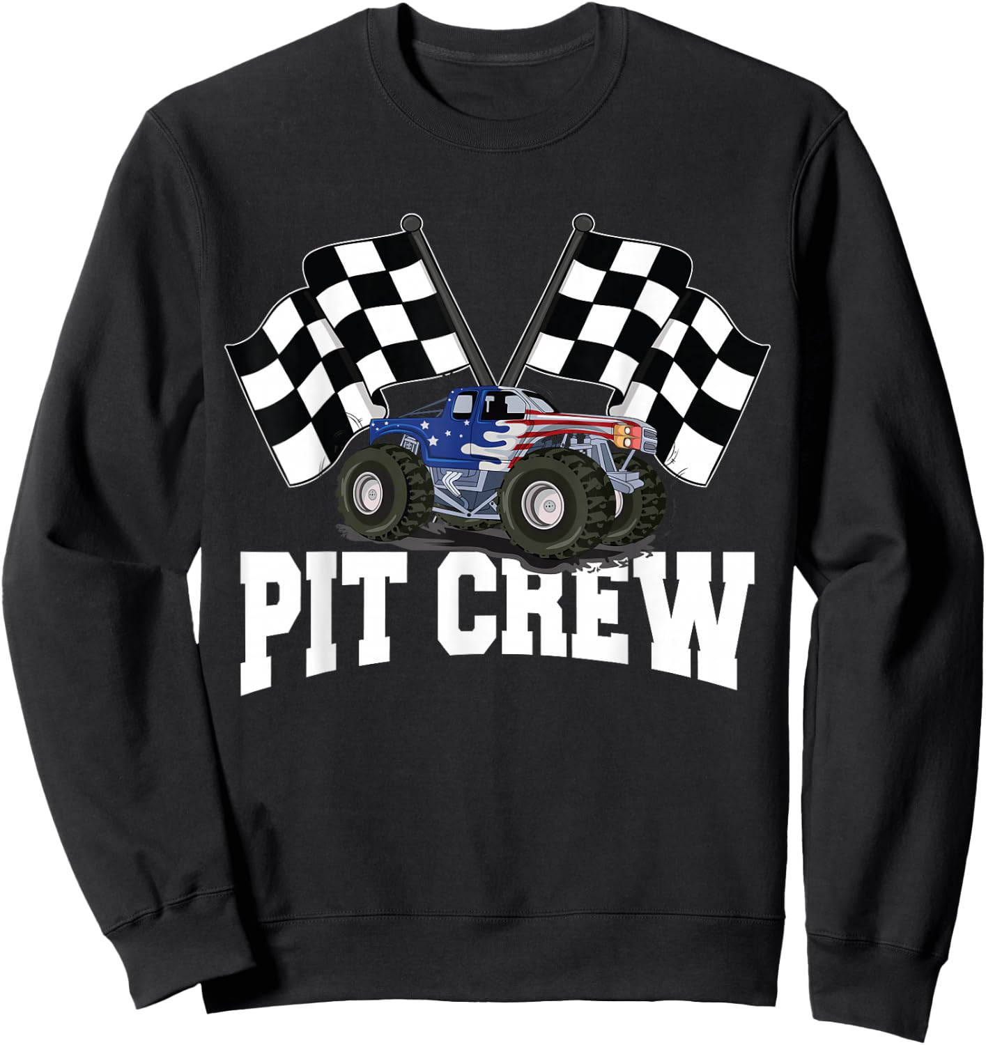 Pit Crew USA Monster Truck Racing Party And Checked Flag Sweatshirt - Sweatshirt | Black
