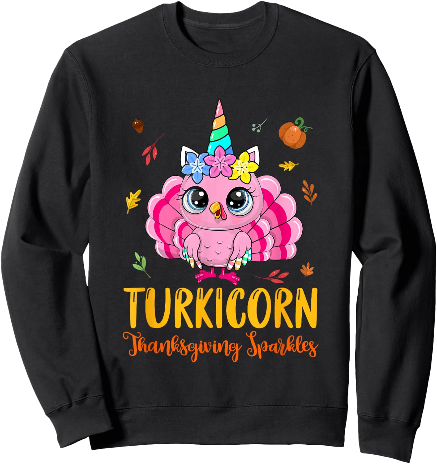 Cute Unicorn Turkey Funny Thanksgiving Turkicorn Girl Kids Sweatshirt - Sweatshirt | Black