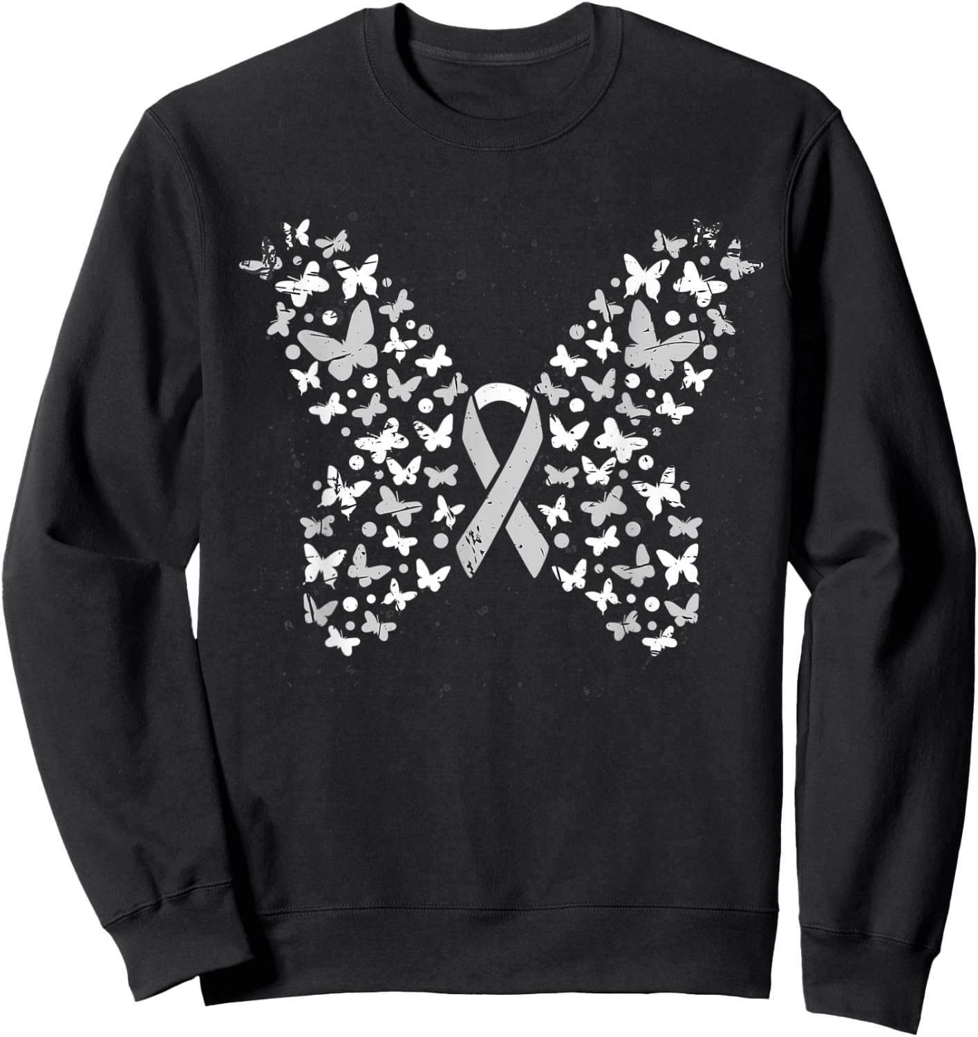 White Ribbon Cancer Warrior Butterfly Lung Cancer Awareness Sweatshirt - Sweatshirt | Black