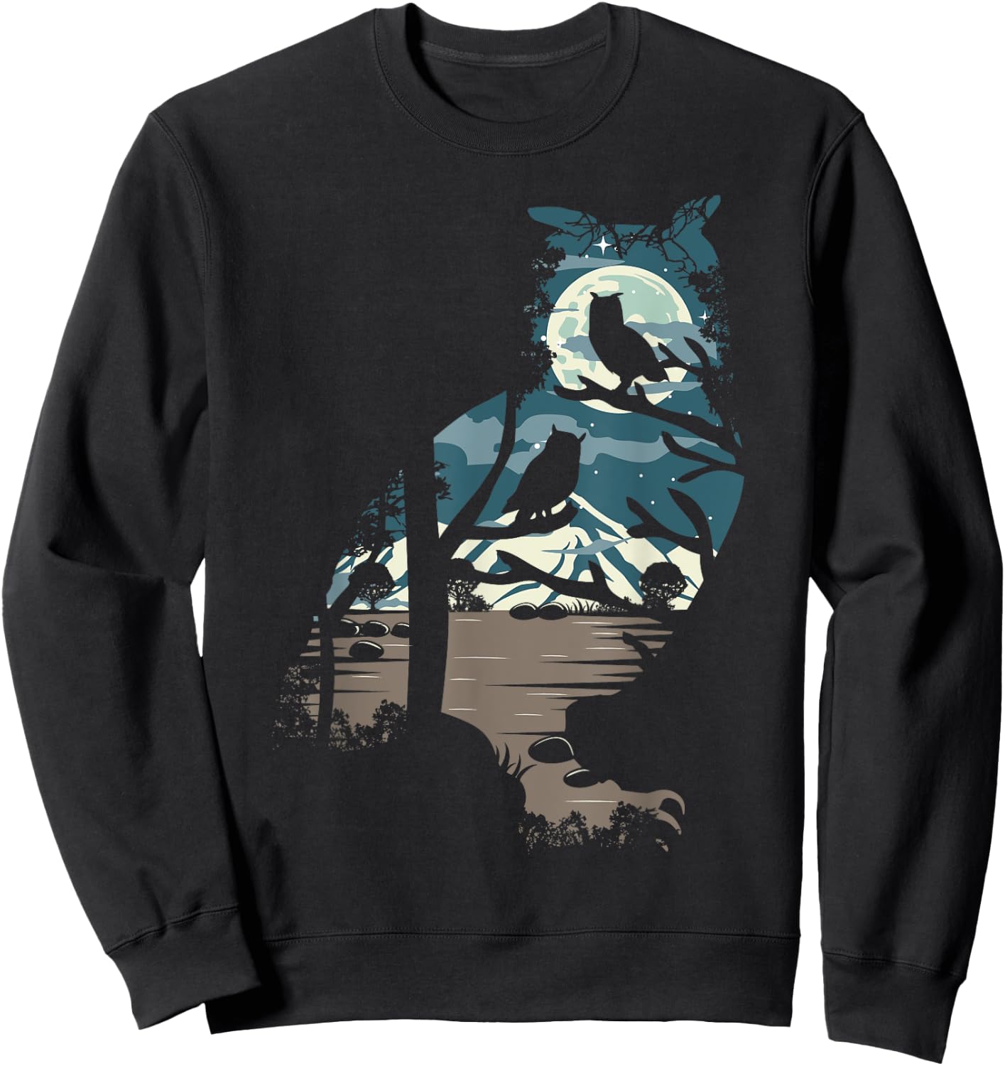 Nature Moon Mountain Tree at Night - Owl Sweatshirt - Sweatshirt | Black