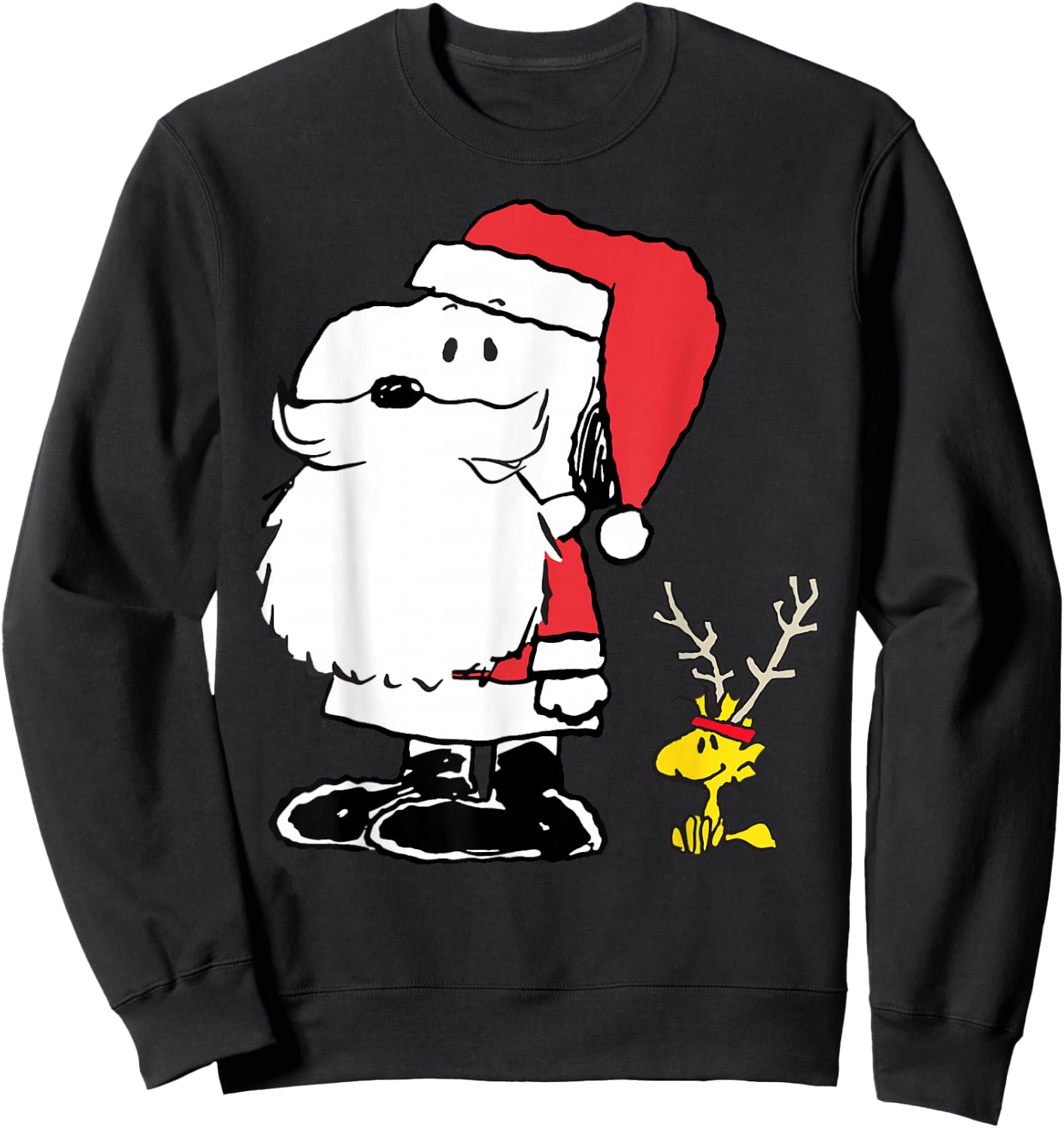 Peanuts Holiday Snoopy Woodstock Antlers Santa Short Sleeve Sweatshirt - Sweatshirt | Black