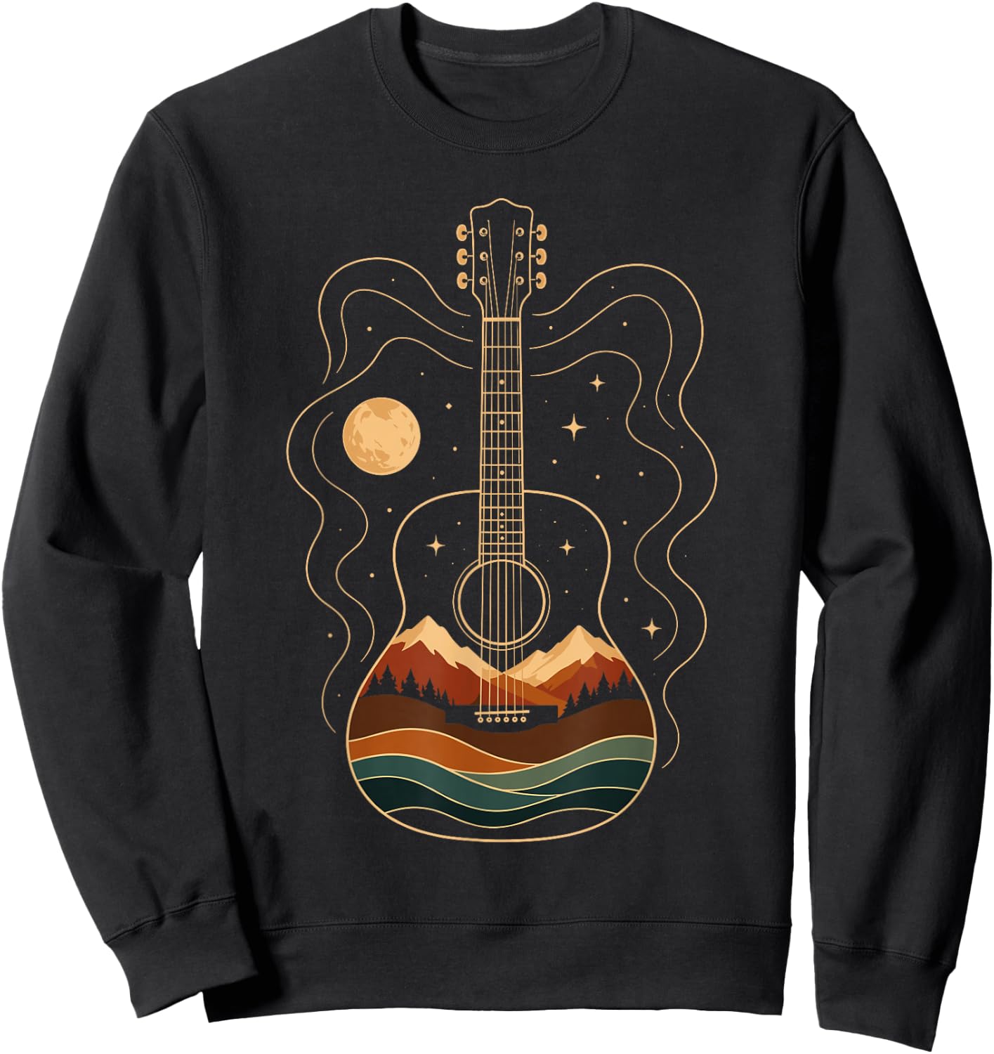Acoustic Guitar Mountain Moon Nature Music Sweatshirt - Sweatshirt | Black