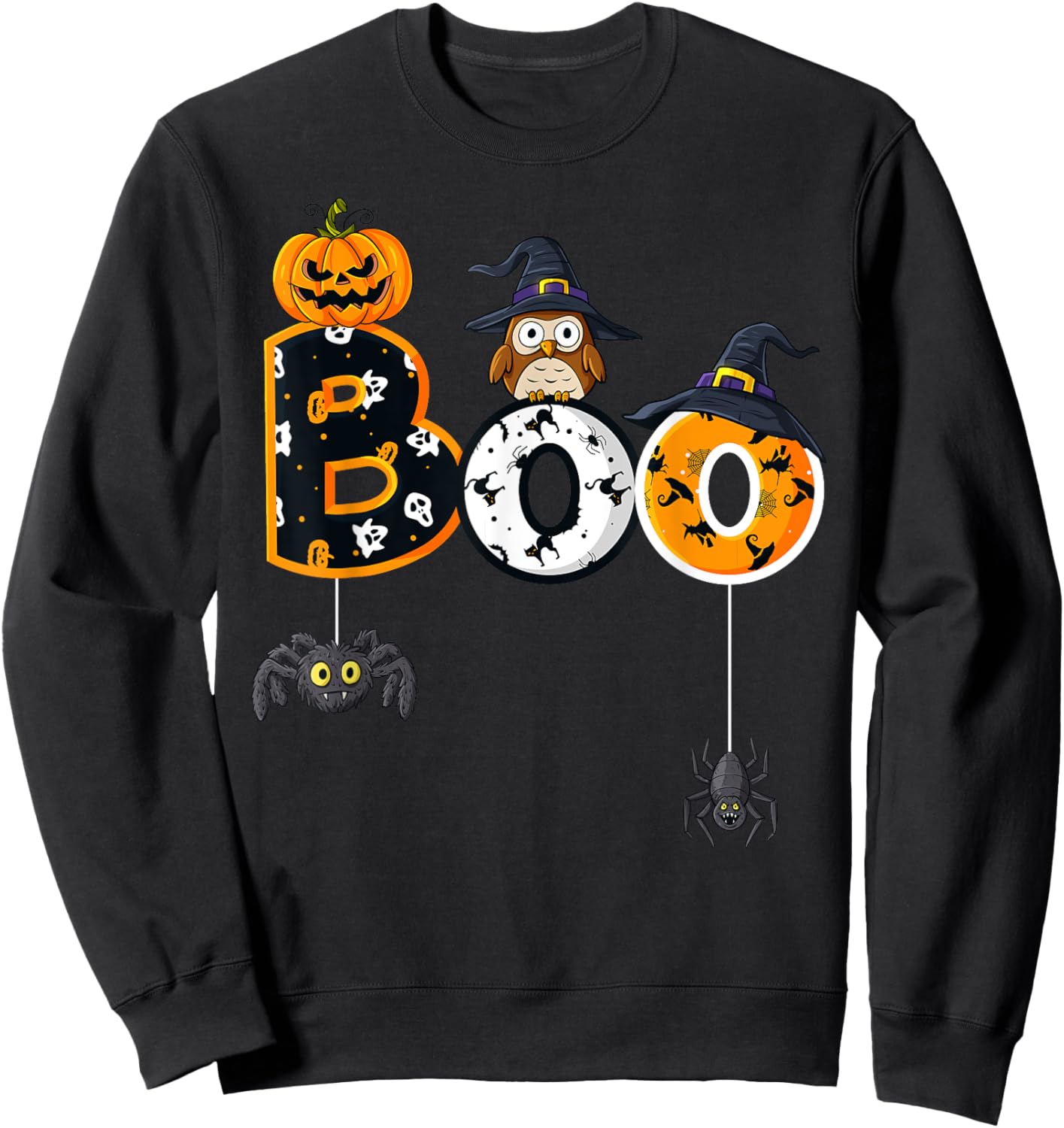 Halloween Boo Owl With Witch Hat Spiders Boys Girls Kids Sweatshirt - Sweatshirt | Black