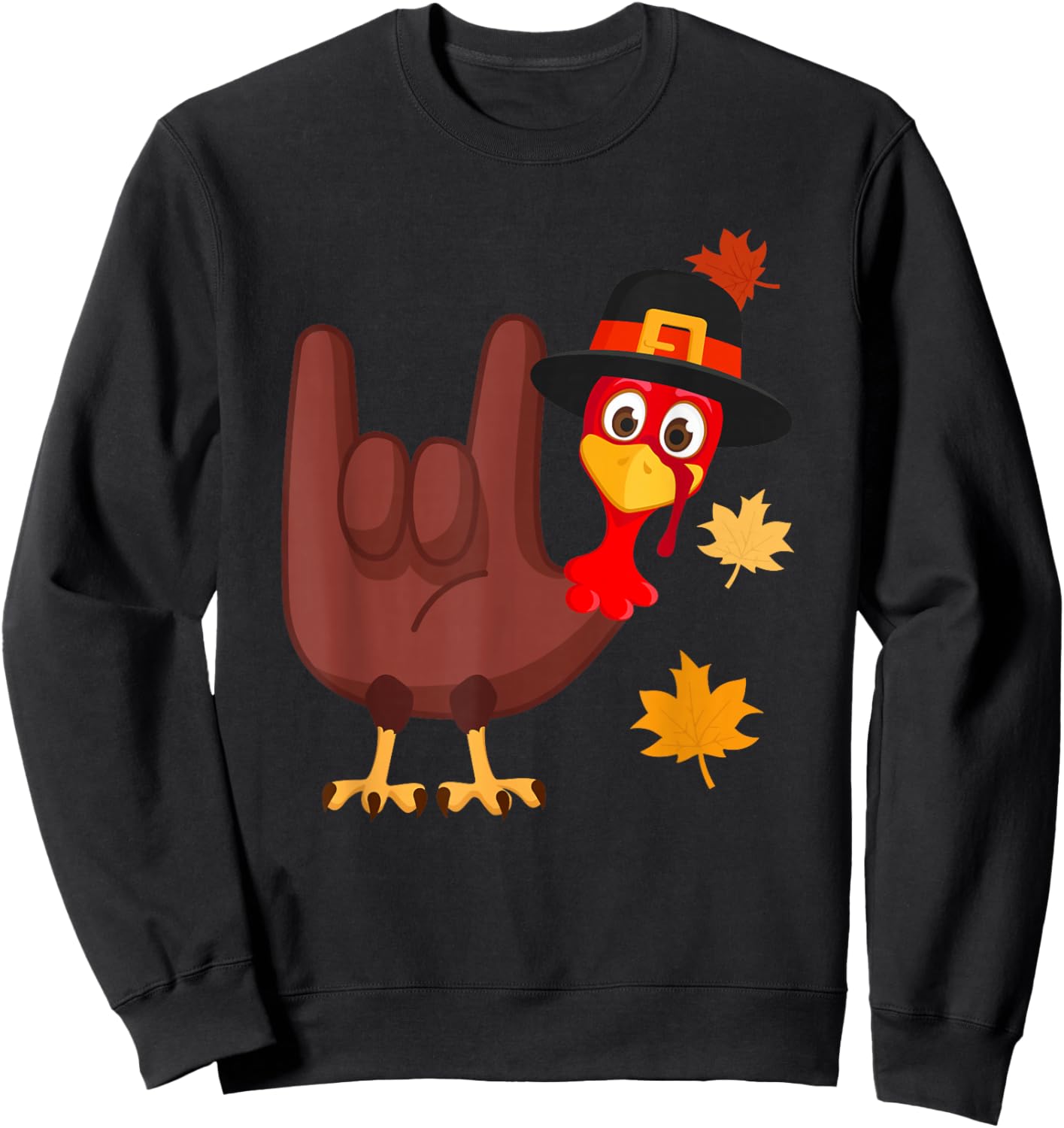 Zone - 365 Thanksgiving ASL Funny Turkey -Adults Black Modern Cartoon Sweatshirt - Sweatshirt | Black