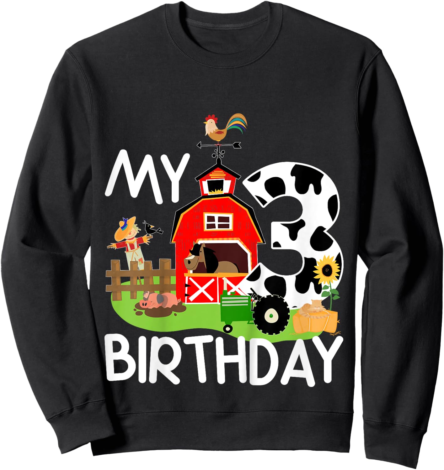 3rd Birthday Shirt Farm Tractor Pig Horse Cow Chicken Cat for Girls Kids Sweatshirt - Sweatshirt | Black