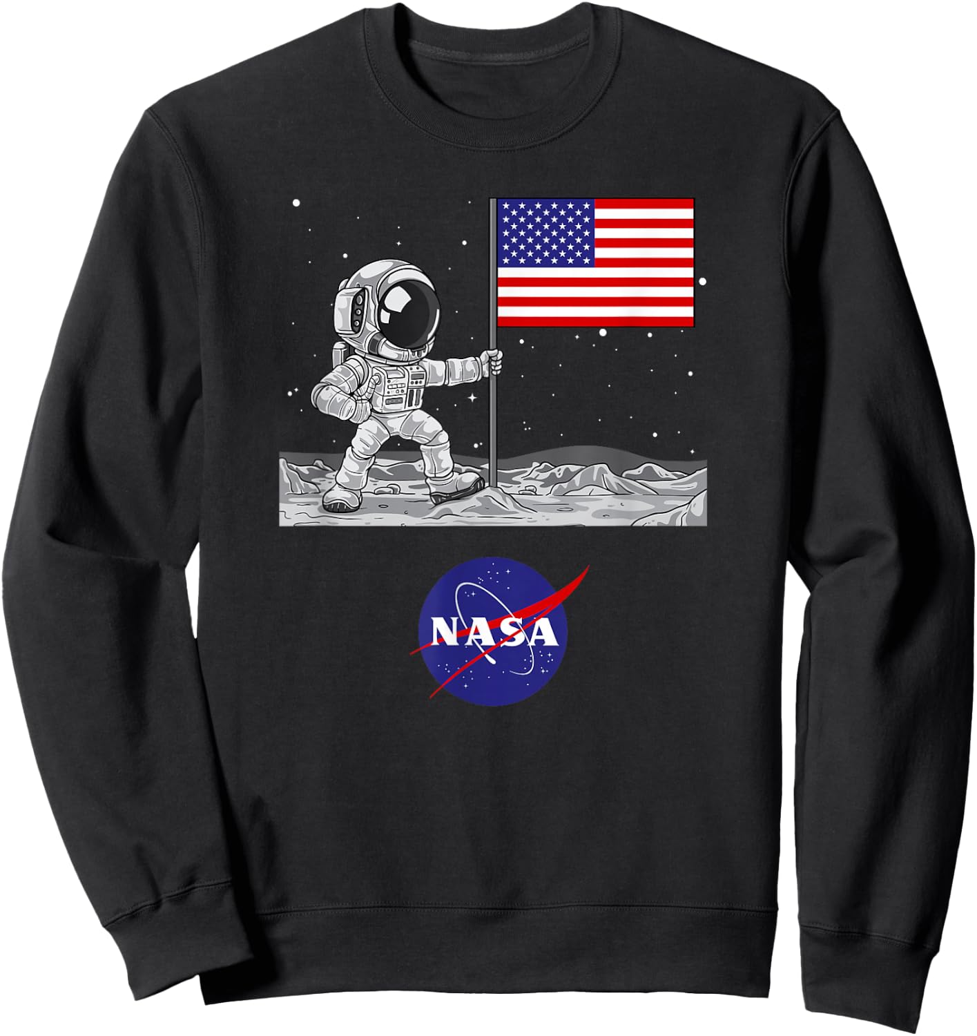 NASA Space - Astronaut and US Flag on Moon Sweatshirt - Sweatshirt | Black
