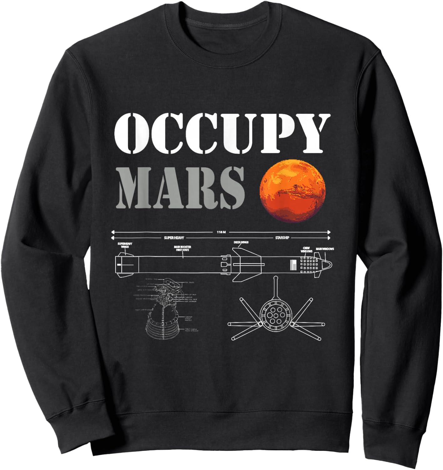 Occupy Mars Space Rocket Blueprint Sweatshirt - Sweatshirt | Black