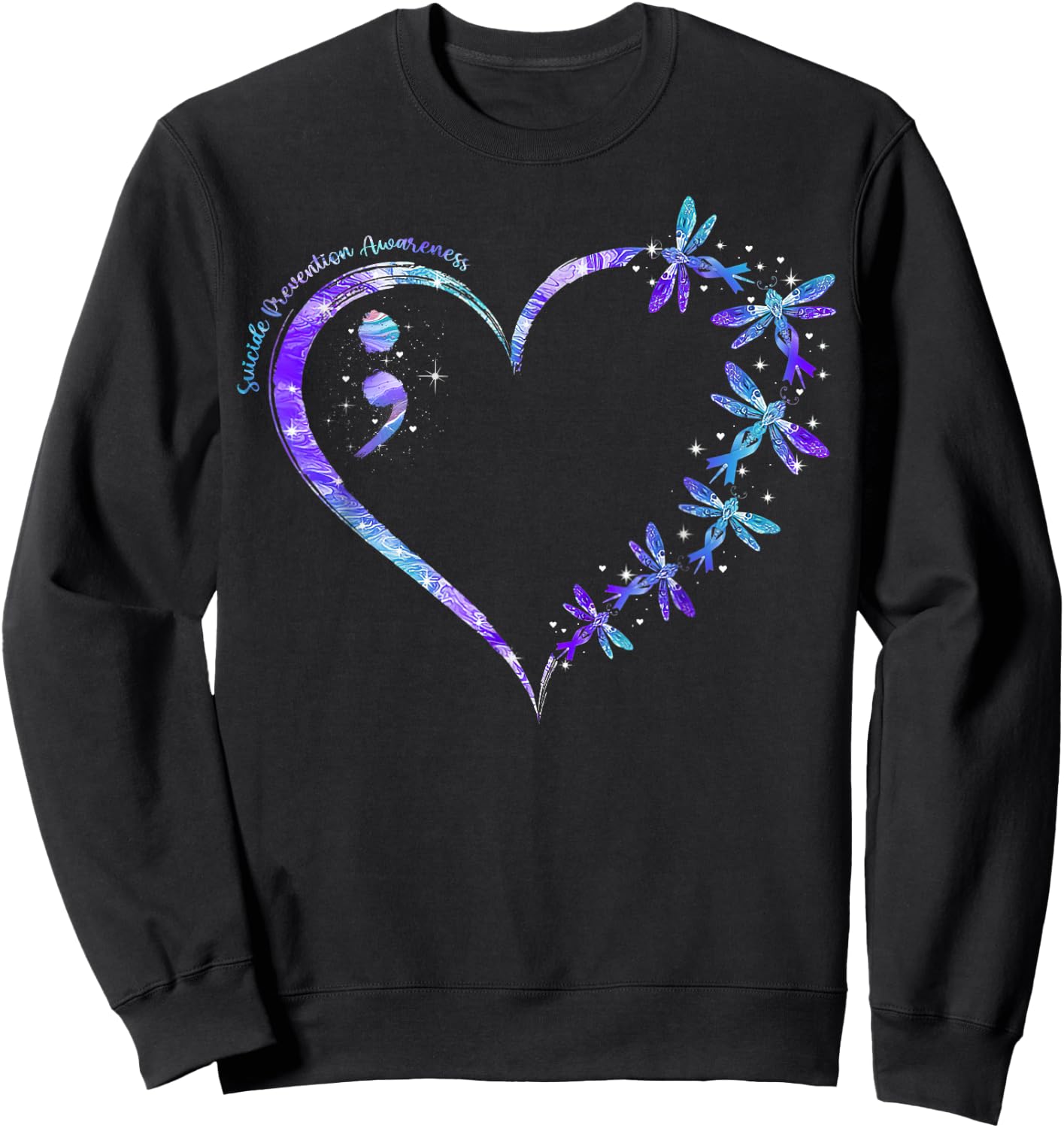 Suicide Prevention Awareness Week Heart Semicolon Dragonfly Sweatshirt - Sweatshirt | Black