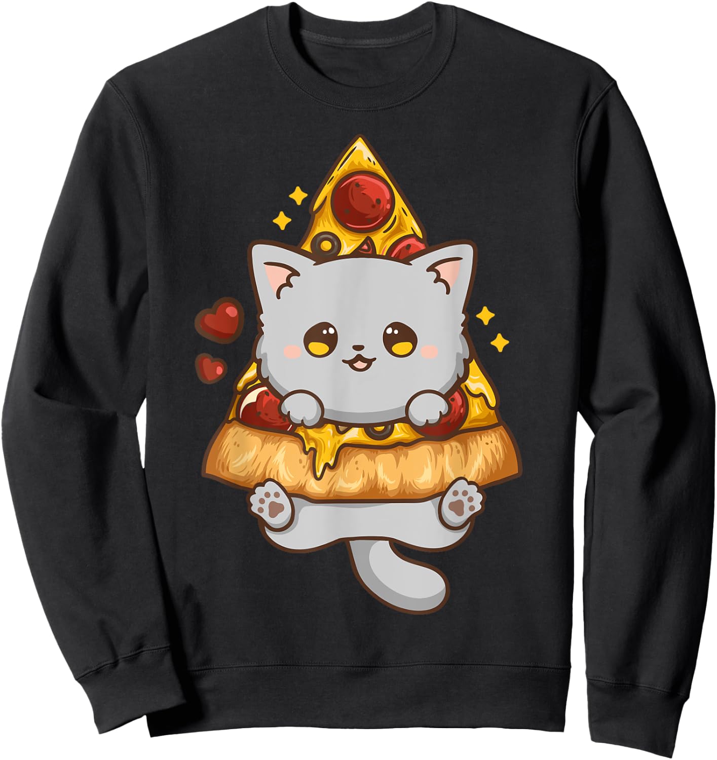 Cute Kawaii Cat Pizza Anime Men Women Girls Kids Sweatshirt - Sweatshirt | Black