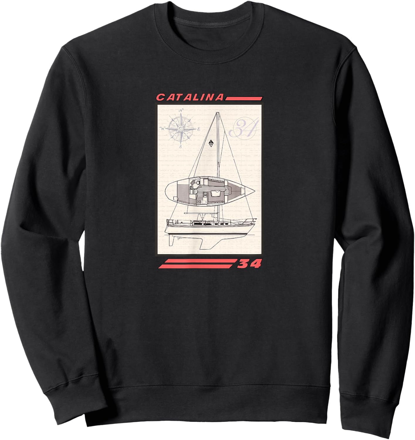 Catalina 34 Sailboat Line Drawing Sweatshirt - Sweatshirt | Black