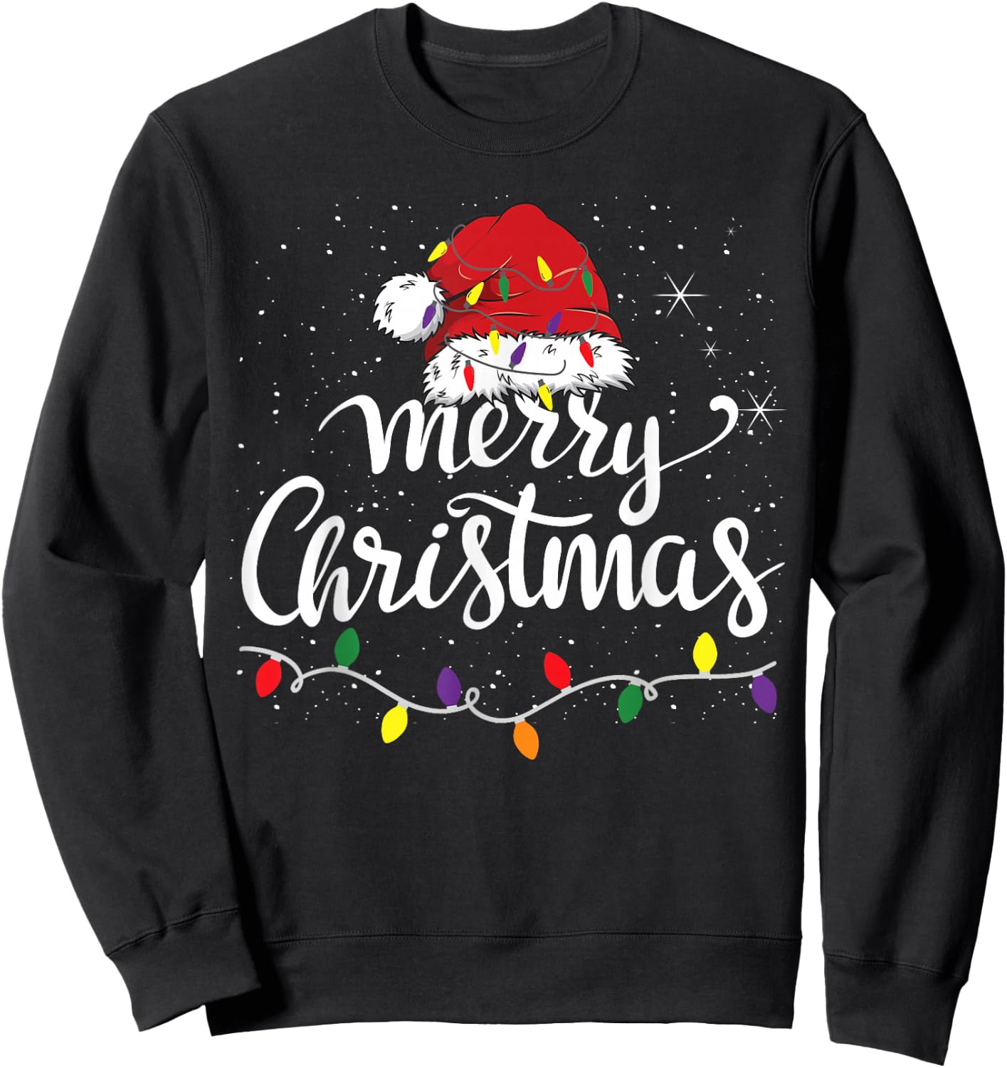 Merry Christmas Lights Red Santa Hat Xmas Family Men Women Sweatshirt - Sweatshirt | Black