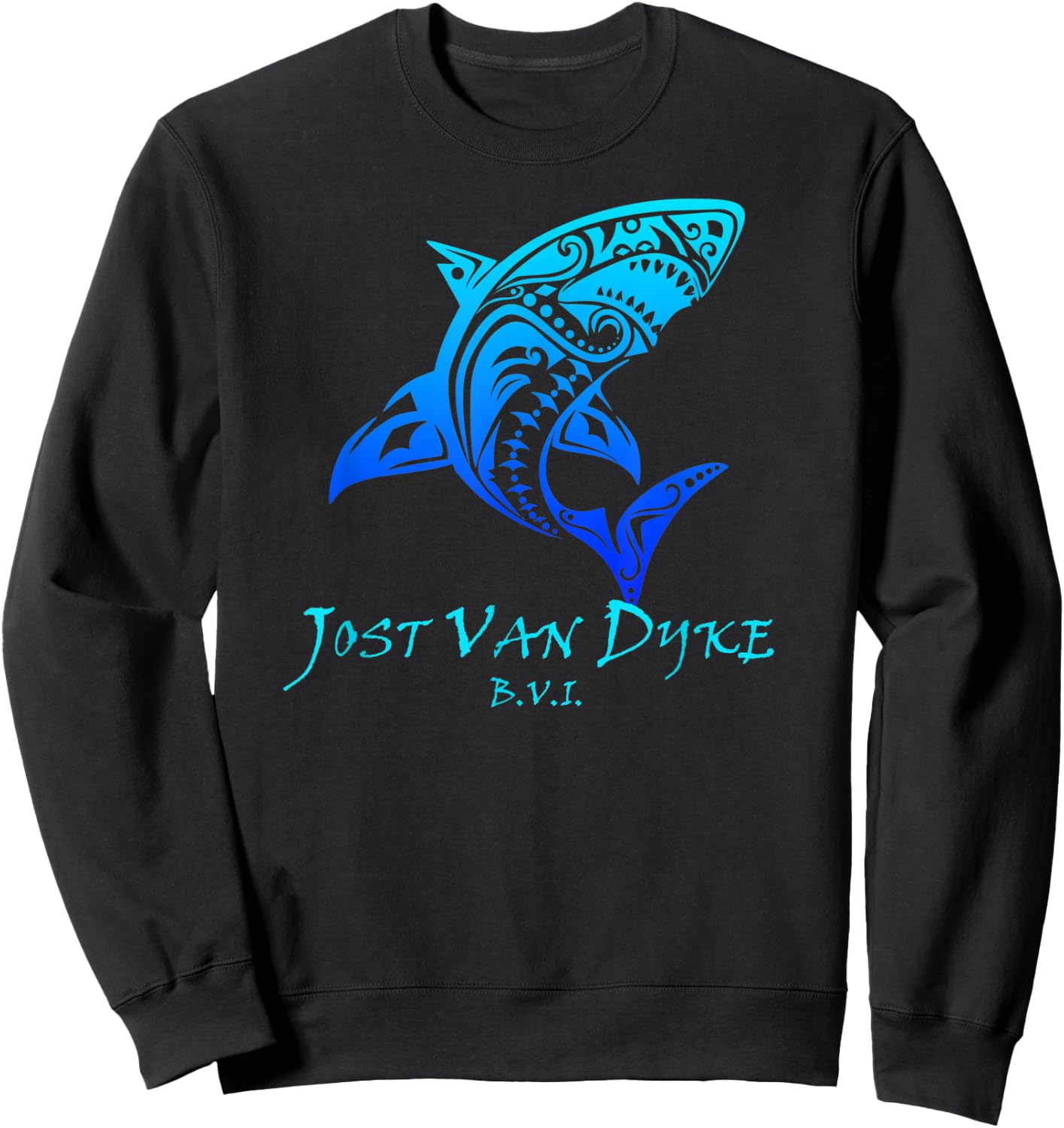 Jost Van Dyke, BVI Vintage Retro Tribal Shark Vacation Sweatshirt - Sweatshirt | Black